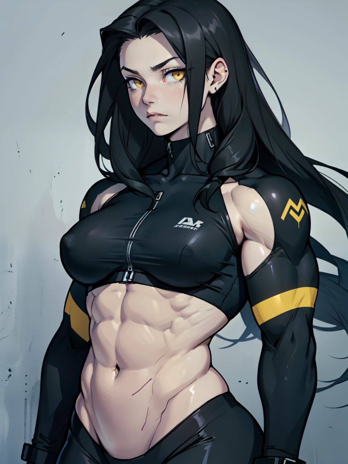 ((((muscular 1girl)))) ((((thick toned body breasts)))) (pale skin) black hair yellow eyes very long hair expressionless expressionless skintight