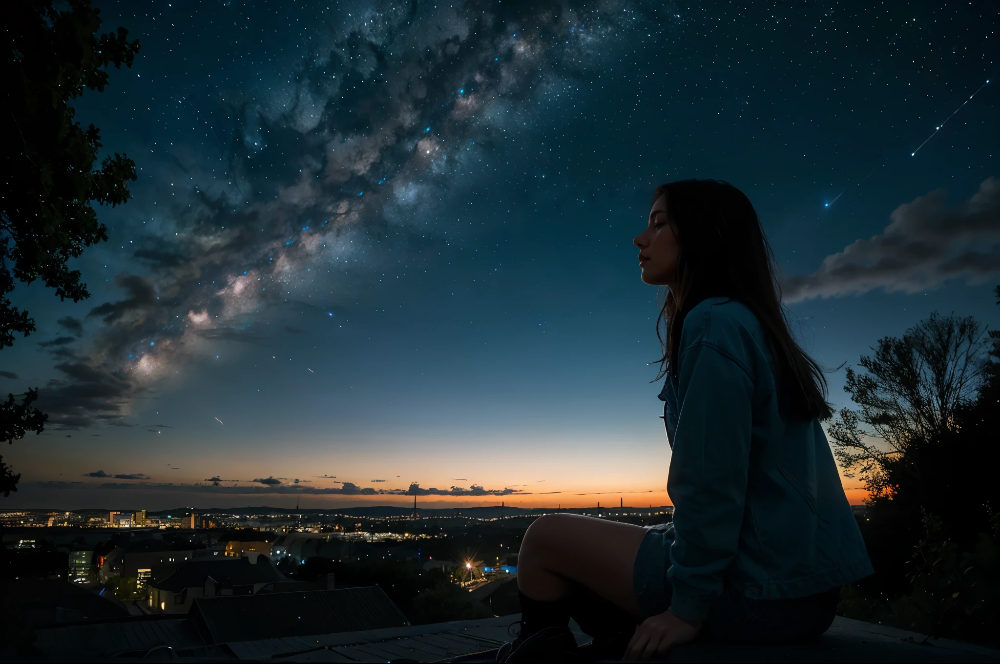octans, sky, star (sky), scenery, starry sky, night, 1girl, night sky, solo, outdoors, signature, building, cloud, milky way, sitting, tree, long hair, city, silhouette, cityscape