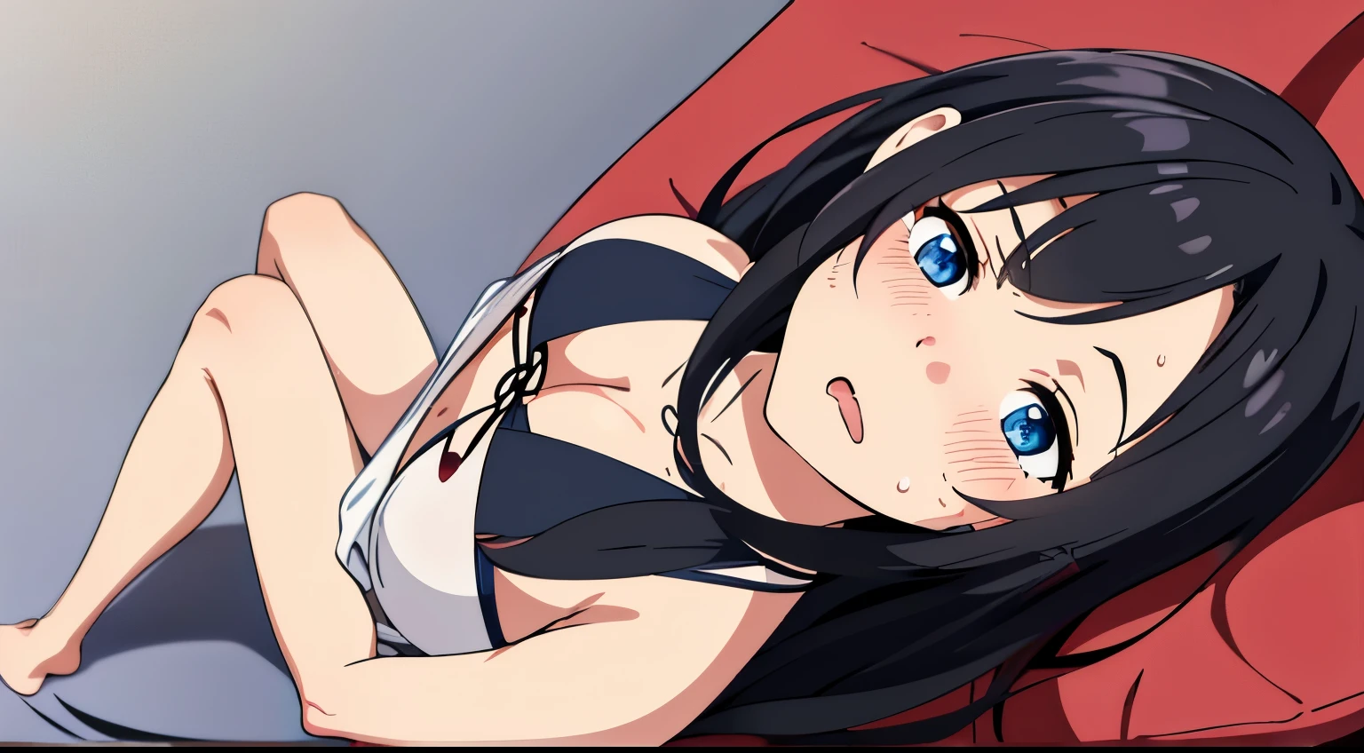 (tmasterpiece、quality、the detail、超高分辨率、Beautifully detailed lighting、Very beautiful girl、Long black hair,female high-school student、Clothed only in bikini、cleavage display、There's a big sausage in her cleavage,sweat profusely、1 girl in、eBlue eyes、Sleeping on the Bed、Red blush、embarrassed from、((horrified expression))、bareless、compulsive、Loved it very much、Sexual facial expressions seen from above、Perfectly trimmed fingers,don't have clothes,spread your legs,There is a lot of water in the bottom of the bikini,Roll your eyes upwards,Stick out your tongue,Full body photo,slender thighs,Spread your legs