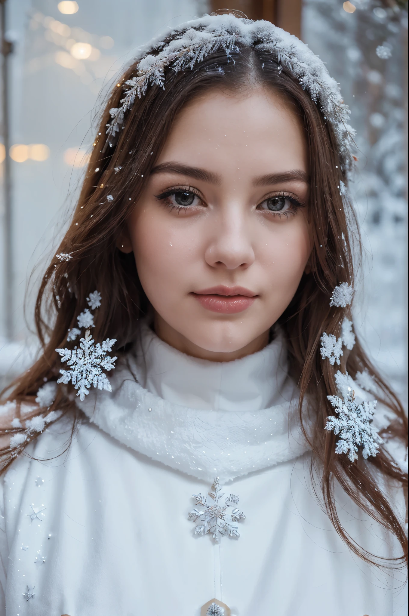 (a beautiful, charming, and elegant woman:1.1), (winter scene)(falling snow), (festive Christmas attire), (oil painting:1.1), detailed brushstrokes, (best quality, highres, vivid colors), soft and delicate lighting, (portrait:1.1), snowflakes shining in her hair, (rosey cheeks), (graceful posture), (sparkling ornaments), (snow-covered landscape), (icy breath in the air), (long evening gown)(sparkling snowflakes on her dress), (frosty eyelashes), (festive decorations)