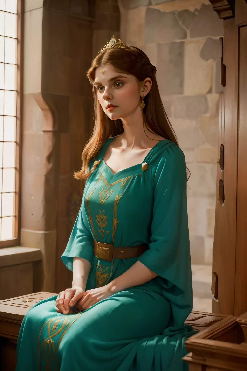 1136, Earlcastle, England. otherworldly scene in a luxurious medieval castle, ((((-yeld)) xandra Daddario)), ((proud expression)), ((((tunic gown from the 12th century)))), ((Hairstyle of the 12th century)), ((Wes Anderson cinematic style)), colorful