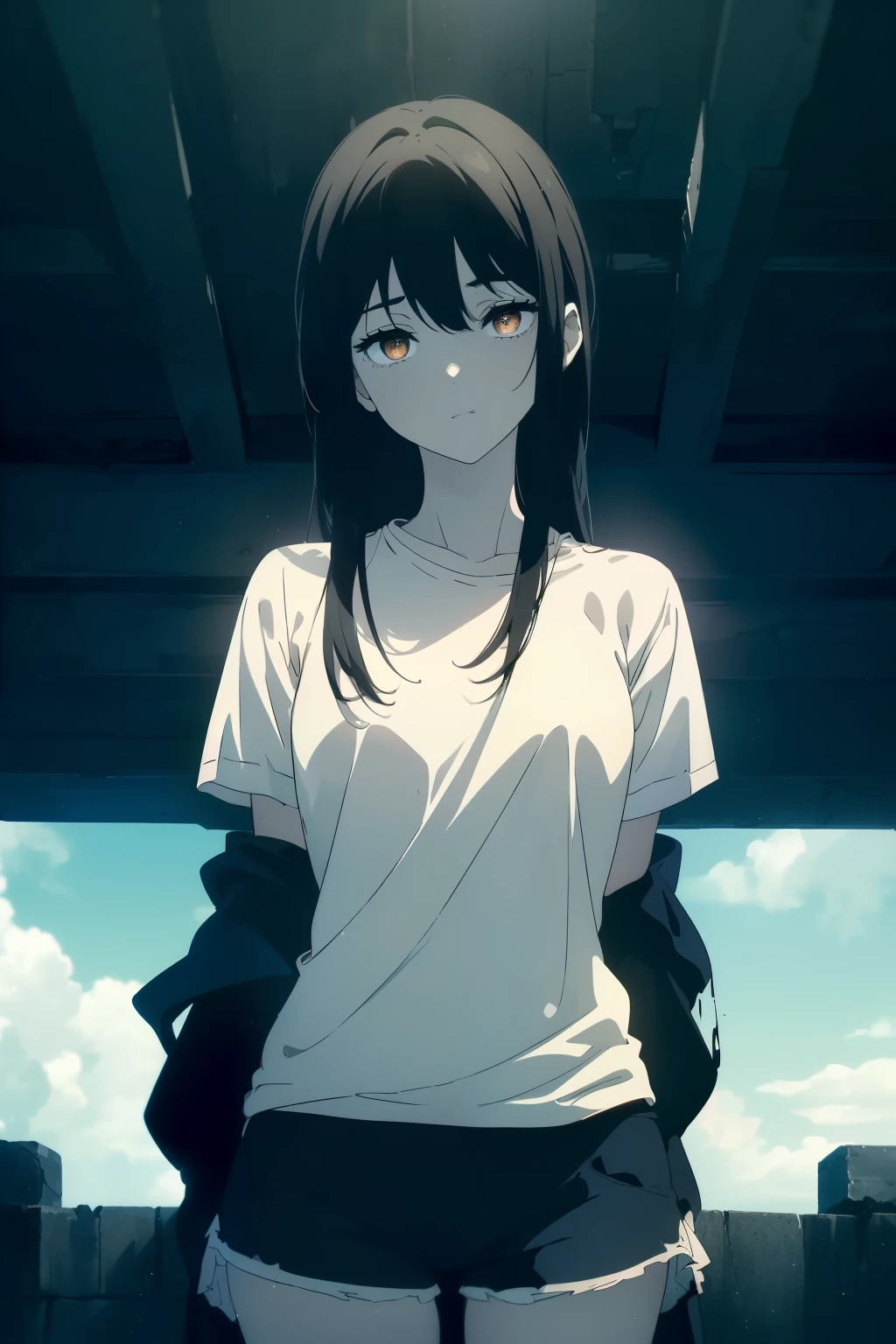 ((((Obra maestra, La mejor calidad, ultrahigh resolution)))), 1girl, standing, (baggy white t-shirt, loose fitting blue shorts), ((long black hair, black hair over eye)), long hair cut, pale skin, ((brown eyes)), glowing_eyes, neon eyes, (ultra detailed eyes:0.7, beautiful and detailed face, detailed eyes:0.9), ((centered)), smile, ((wide shot)), facing viewer, ((vibrant background, bright lighting, summer, sunlight)), flat chested, looking at viewer, ((half closed eyes)), ((perfect hands)), (((head:1, arms, hips in view, elbows, arms, in view))), ((hands behind back)), empty eyes, beautiful lighting, ((outside, outdoors)), defined subject, head tilt, ((cool)), ((beautiful))