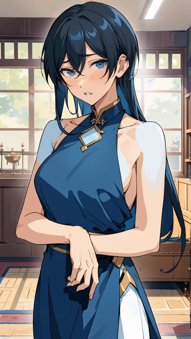 masterpiece, best quality, absurdres, Hokuto hidaka, black hair, long hair, blue eyes, beautiful, female body,parted lips, breasts, boobs,  ultra-detailed, girl, solo, ensemble stars, indoors, blue china dress, bare shoulders, blush