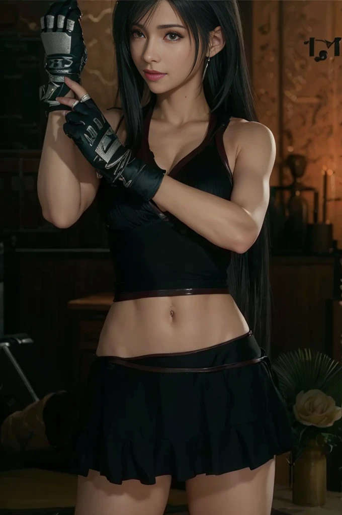 (best quality,ultra-detalhado),(Realistic:1.37),Tifa Lockhart, Rosto bonito e detalhado, maquiagem preta nos olhos, light smile expression, textura ultra realista, rosto delicado, corpo delicado, Fit physique, usando batom e brilho labial