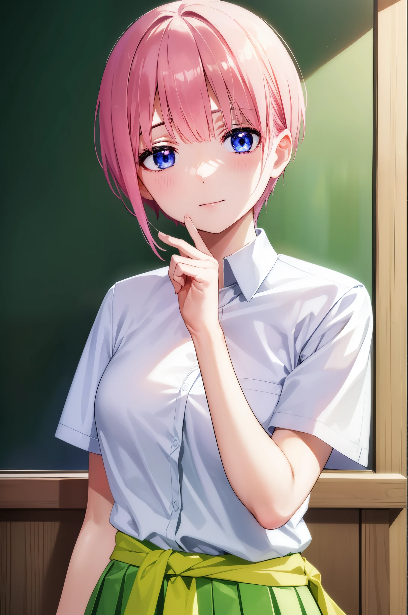 ichikanakano, ichika nakano, Short hair, Bangs, Blue eyes, hair between eye, Pink hair, Shirt Formal, School uniform, Short sleeves, sox, (whiteshirt:1.3), Green pleated skirt, Black jacket, lowfers, wrap a yellow sweater around your waist, Best Quality, hight resolution, Unity 8k壁纸, (Beautiful detailed eyes:1.4), extra detailed face, Perfect Lighting, (Perfect hands, Perfect Anatomy), extreme close - up, School classroom background, The best smile, Slouched