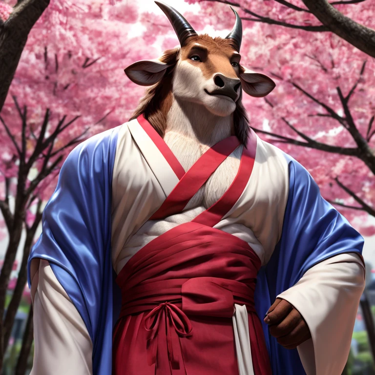 Vysache, furry, 1boy, rabbit boy, rabbit ears, animal nose, one-eyed, red eyes, white fur, fat, (black kimono), beads, pink coat, fur trim, smirk, outdoors, plains, rice paddy, rice field, sunset, clouds, upper body, naked.sweaty.musky.heavy body.
