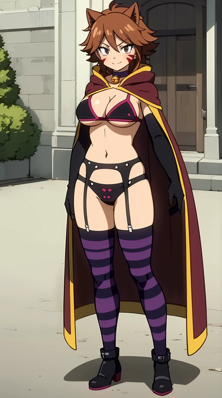 MILLIANNA, brown hair, brown hair, facial mark, whisker markings, cat ears, bikini, black bra, cape, elbow gloves, striped thighhighs, collar (or choker), bell, lingerie, garter belt, boots, cat tail, 1girl, solo, facing viewer, looking at viewer, upper body, smile, huge breast, wide hips, thicc,full body, refsheet,