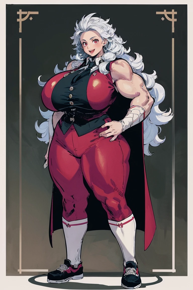 noi, nun, big breast,white boots, pants,cloak, musclegirl, standing,, smile, long hair, catedral, vest, portrait, full body, thick thighs, thick arms, wide hips,pants, large breast, huge breast,
