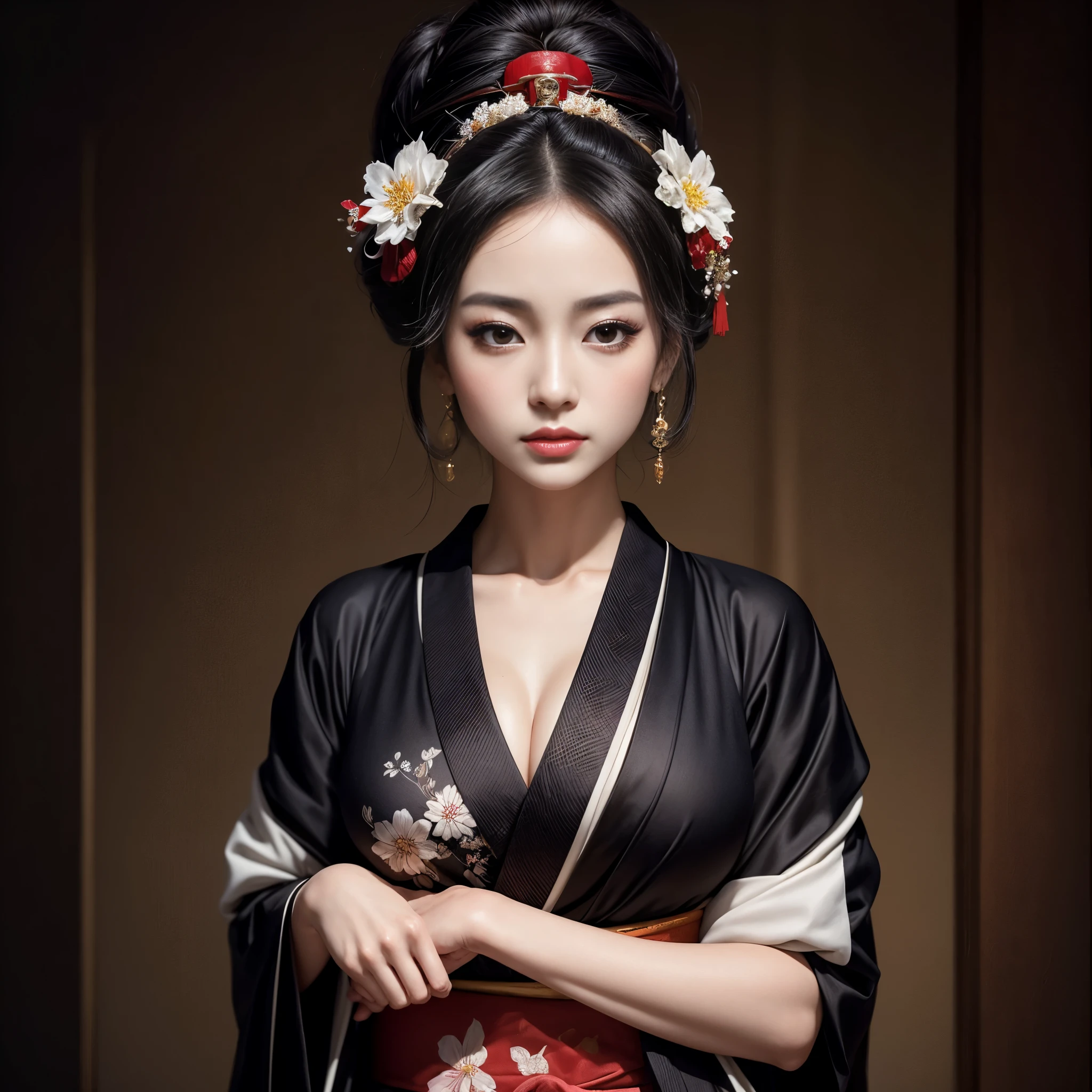 Masterpiece, a beautiful young geisha, sexy, horny, sensual, with black hair, with a bun in her hair and flowers, wearing earrings, with beautiful eyes, beautiful lips, soft and pale skin, full breasts, wearing a black kimono with a white lapel, beautiful hyperrealistic geisha, a photorealistic charming geisha, a glamorous geisha of intricate details.