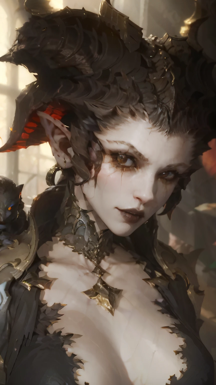 a close up of a woman with horns and a bird on her shoulder, artwork in the style of guweiz, she has elf ears and gold eyes, dungeons and dragons portrait, realistic female faces, hatched pointed ears, gothic influence, by Dong Yuan, new character, an ai generated image, gothic face