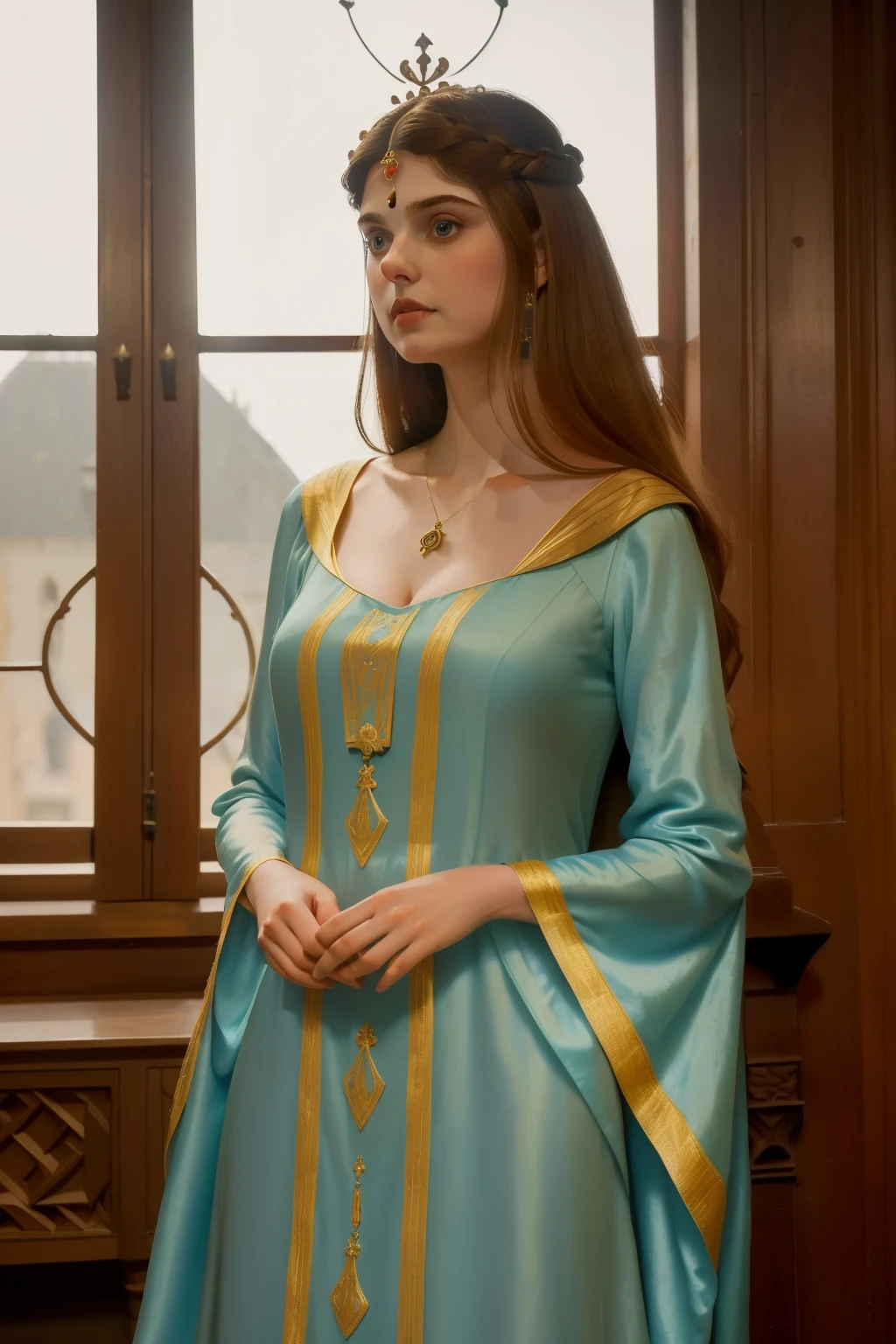 1136, Earlcastle, England. otherworldly scene in a luxurious medieval castle, ((((16-year-old)) Alexandra Daddario)), noble lady, ((proud and confident expression)), ((((tunic gown from the 12th century)))), ((Hairstyle of the 12th century)), ((Wes Anderson cinematic style)), colorful
