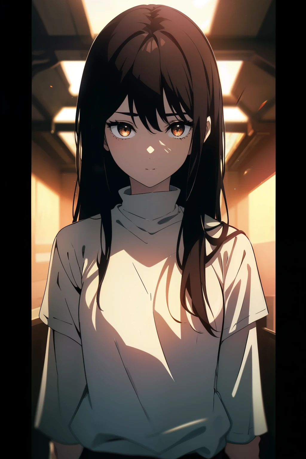 ((((Obra maestra, La mejor calidad, ultrahigh resolution)))), 1girl, standing, (baggy t-shirt, loose fitting shorts), (((lack hair, dark black hair over eye:1))), long hair cut, pale skin, ((brown eyes)), glowing_eyes, neon eyes, (ultra detailed eyes:0.7, beautiful and detailed face, detailed eyes:0.9), ((centered)), smile, ((wide shot)), facing viewer, ((vibrant background, bright lighting, summer, sunlight)), flat chested, looking at viewer, ((half closed eyes)), ((perfect hands)), (((head:1, arms, hips in view, elbows, arms, in view))), ((hands behind back)), empty eyes, beautiful lighting, outside, outdoors, background, defined subject, 25 years old, head tilt, (((cool looking)))