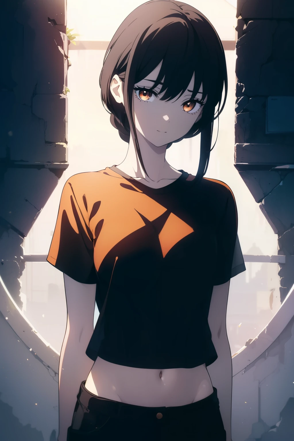 ((((Obra maestra, La mejor calidad, ultrahigh resolution)))), 1girl, standing, (baggy t-shirt, loose fitting shorts), (((lack hair, dark black hair over eye:1))), long hair cut, pale skin, ((brown eyes)), glowing_eyes, neon eyes, (ultra detailed eyes:0.7, beautiful and detailed face, detailed eyes:0.9), ((centered)), smile, ((wide shot)), facing viewer, ((vibrant background, bright lighting, summer, sunlight)), flat chested, looking at viewer, ((half closed eyes)), ((perfect hands)), (((head:1, arms, hips in view, elbows, arms, in view))), ((hands behind back)), empty eyes, beautiful lighting, outside, outdoors, background, defined subject, 25 years old, head tilt, (((cool looking)))