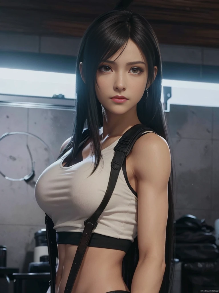 (best quality,ultra-detalhado),(Realistic:1.37),Tifa Lockhart, Rosto bonito e detalhado, maquiagem preta nos olhos, expression serious, textura ultra realista, rosto delicado, corpo delicado, Fit physique, usando batom e brilho labial