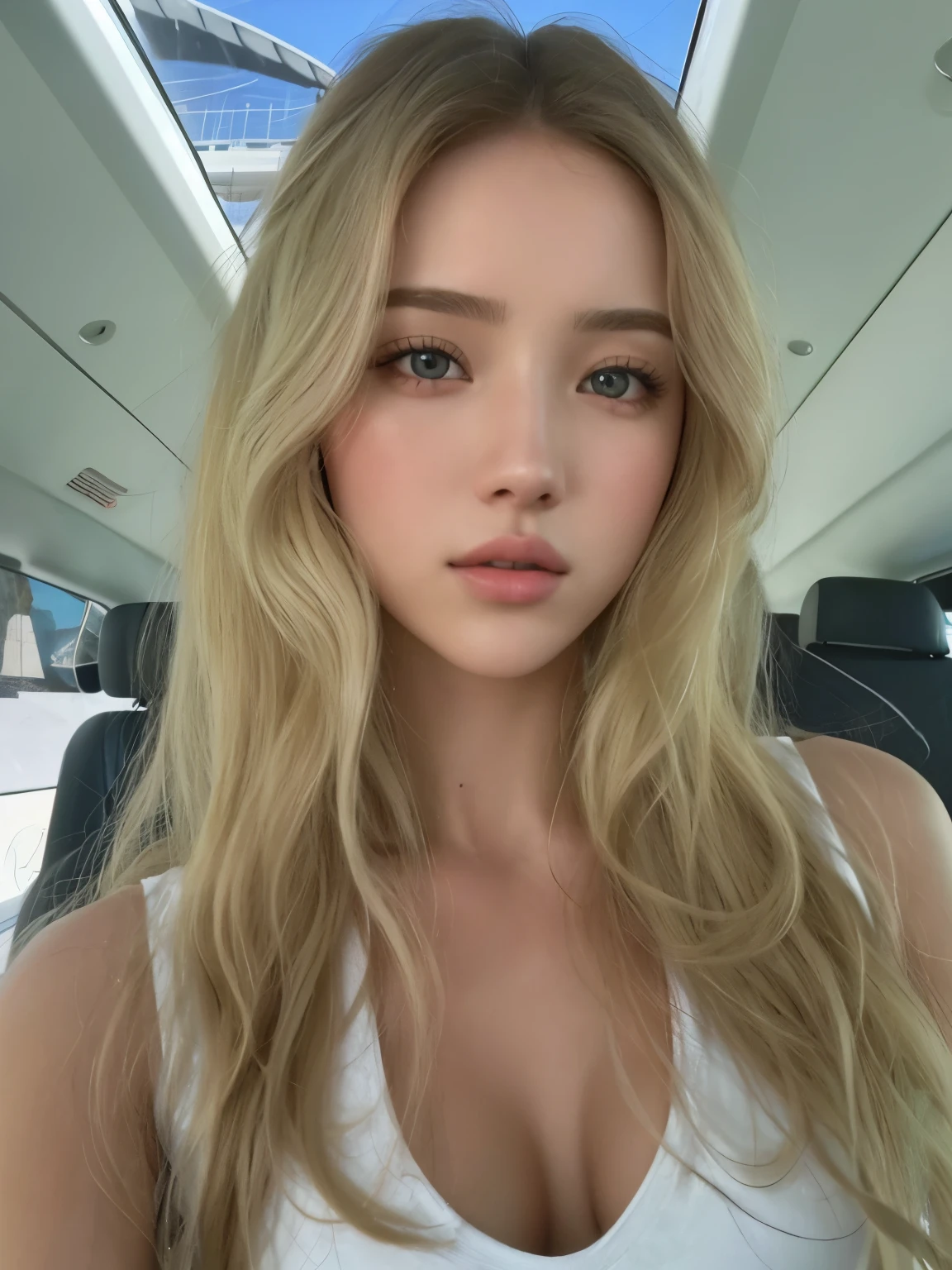 Un primer plano de una mujer con cabello largo y rubio y una camiseta blanca sin mangas, sydney sweeney, Retrato Sophie Mudd, long cabello rubio y ojos grandes, cabello rubio y ojos grandes, Sin maquillaje cabello ondulado, Yelena Belova, Cara como Ester Exposito, Dasha Taran, 2 4  old female model, Diosa rubia, sin maquillaje