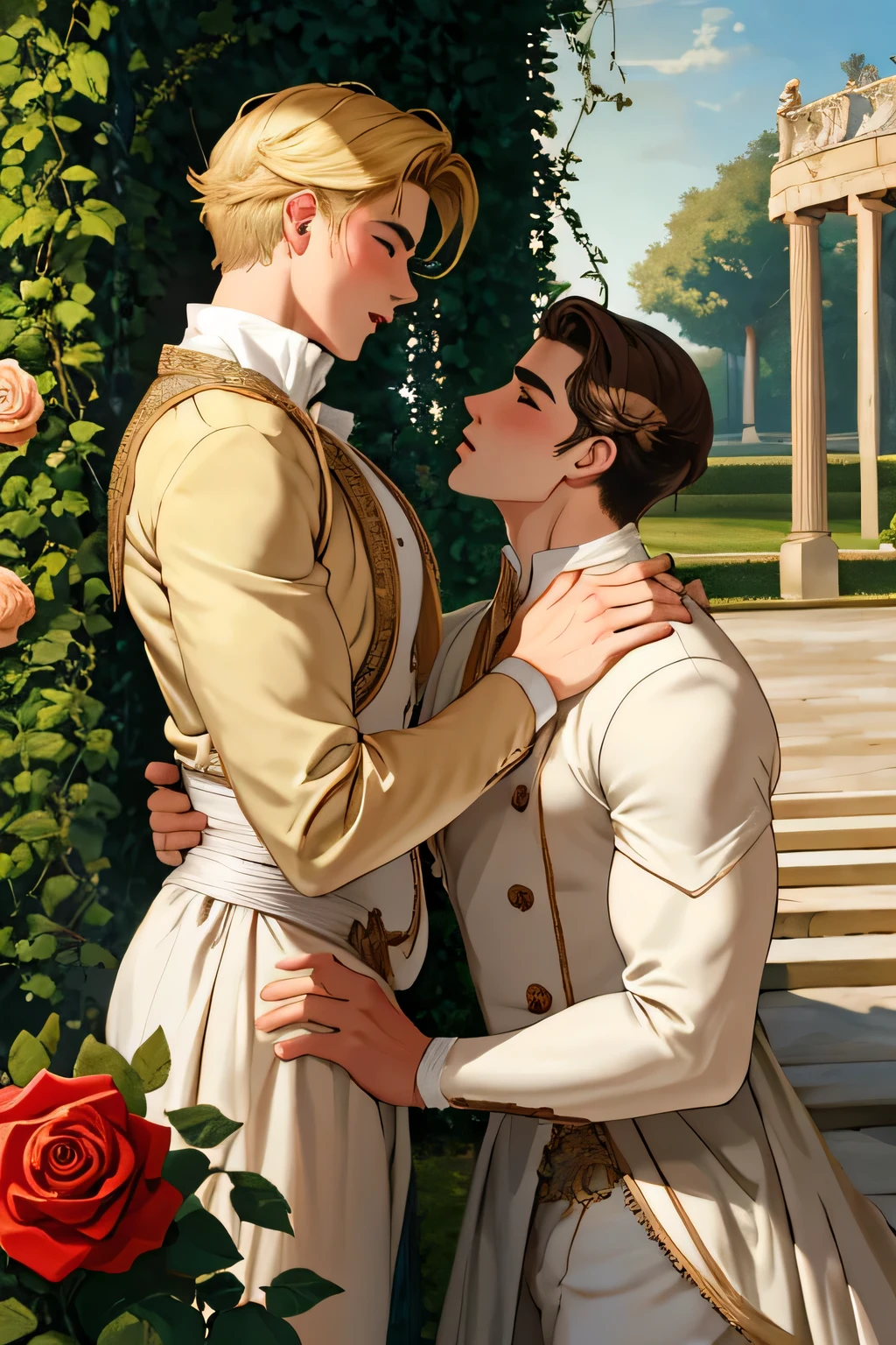 Romantic scene two young people kissing, Romantic scene two young people kissing, Rose Garden, imposing garden, baroque garden, Versalles, Europa, euromuchacho, Europaan muchacho, guapo, muchacho, gay, cinemactic, brillante, Strong jaw, cuerpo tonificado, Cara griega, guapo muchacho