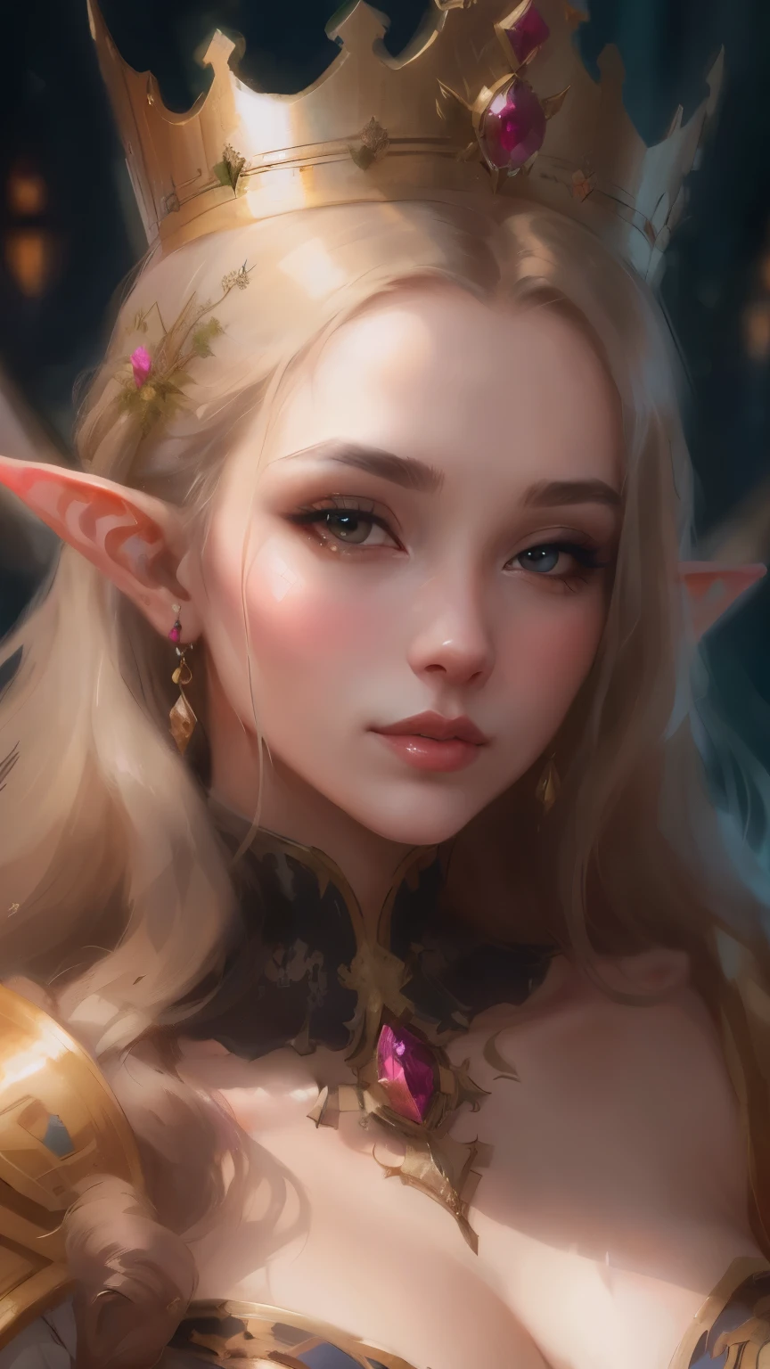 Close-up of a woman with a crown on her head, fantasy concept art portrait, intricate wlop, Detailed matte fantasy portrait, a beautiful fantasy empress, fantasy art portrait, fantasy art style, fantasy style art, detailed fantasy art, ((a beautiful fantasy empress)), 8k high quality detailed art, portrait of an elf queen, epic fantasy art portrait