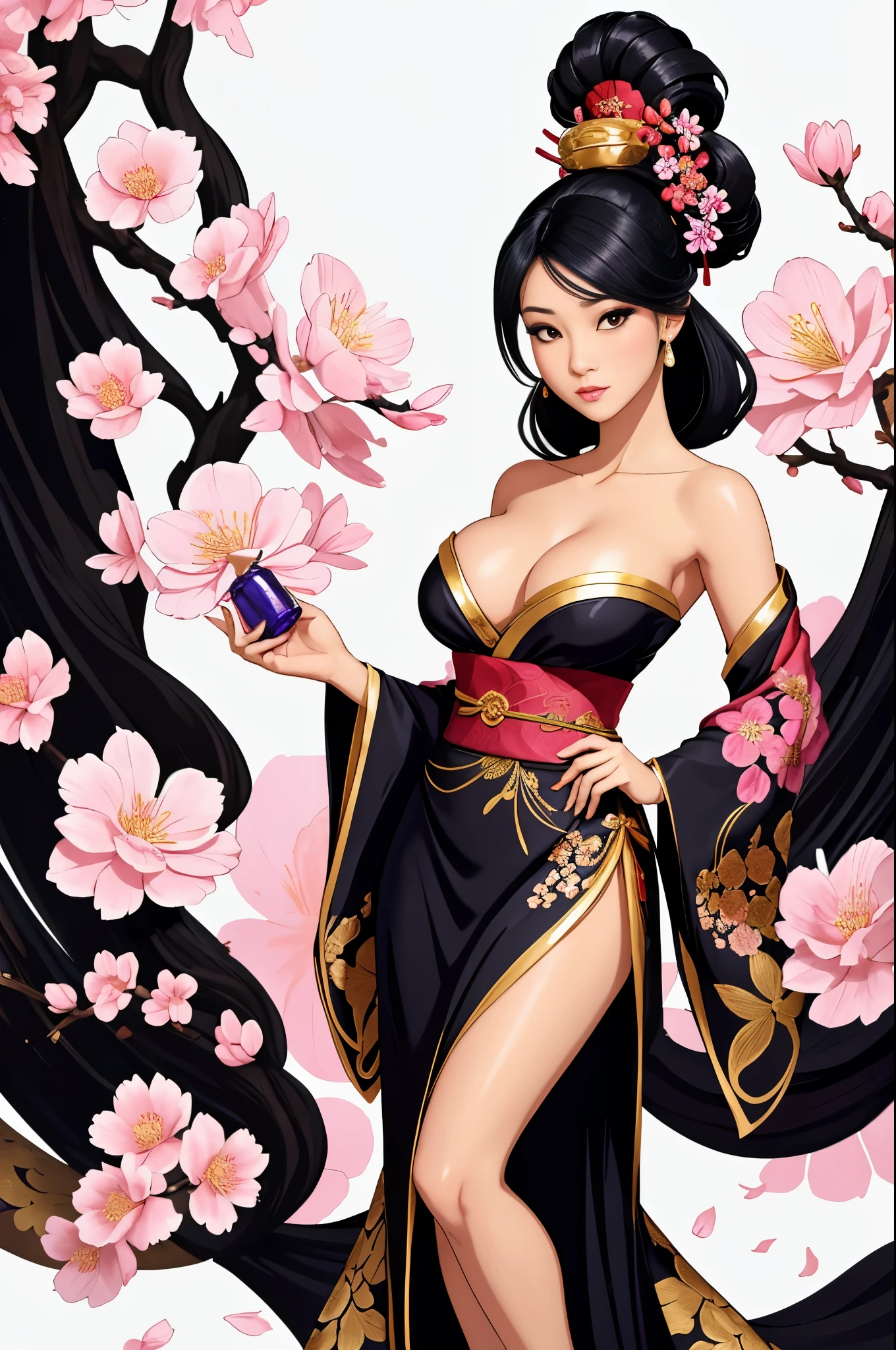 gorgeous oriental woman, black hair in an elaborate hairstyle, elegant embroidered kimono, sakura flower embroidery, gold details, full body shot, cleavage, bare shoulders, standing, large breasts, alchemist, strapless dress, vials
, potions, updo, blank background, white background, lulu, ffx