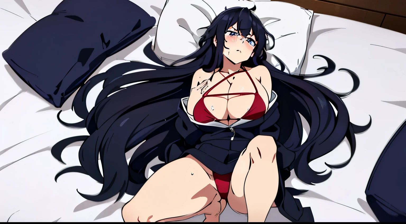 (tmasterpiece、quality、the detail、超高分辨率、Beautifully detailed lighting、Very beautiful girl、Long black hair，female high-school student、Clothed only in bikini、cleavage display、There&#39;s a big sausage in her cleavage，sweat profusely、1 girl in、eBlue eyes、Sleeping on the Bed、Red blush、embarrassed from、((horrified expression))、bareless、compulsive、Loved it very much、Sexual facial expressions seen from above、Perfectly trimmed fingers，don't have clothes，spread your legs，There is a lot of water in the bottom of the bikini，Roll your eyes upwards，Stick out your tongue，Full body photo，slender thighs，Spread your legs，droolessy hair，half-open bikini。Put one hand between your legs，There are tears in the corners of the eyes，The lines between the legs are real。