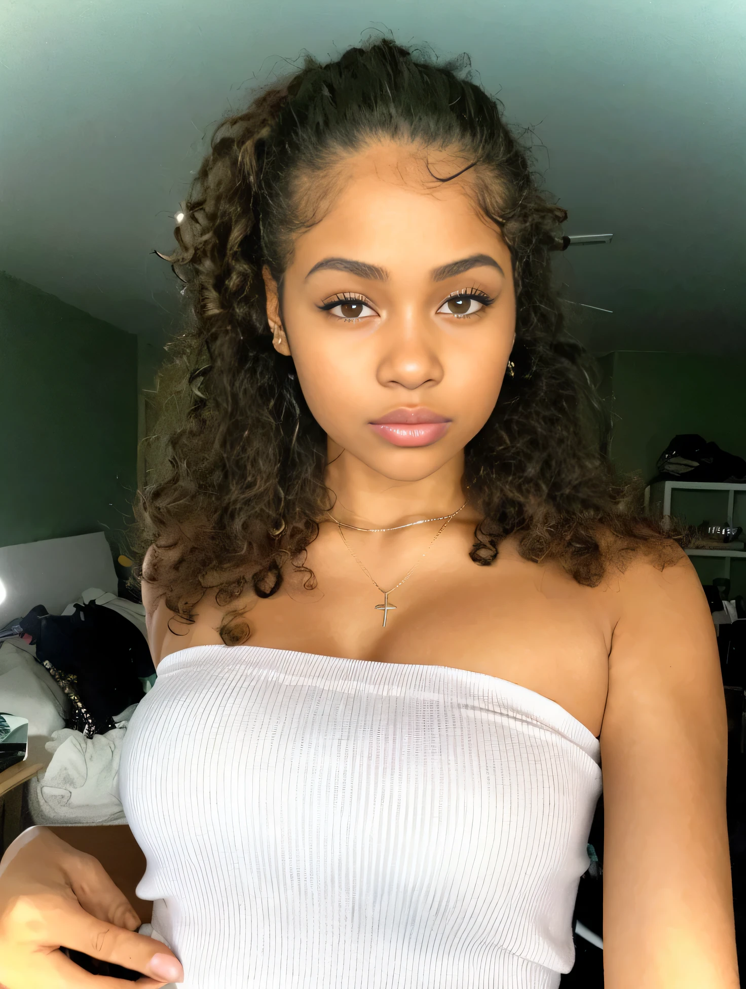 there is a woman with a white top and a necklace on, light skin, long black hair and ponytail, light skinned african young girl, olive skinned, with brown skin, light skin tone, headshot profile picture, curls on top, brown curly hair, she has olive brown skin, cleavage, ((huge breast)) hazel green eyes, full round lips, closed mouth,