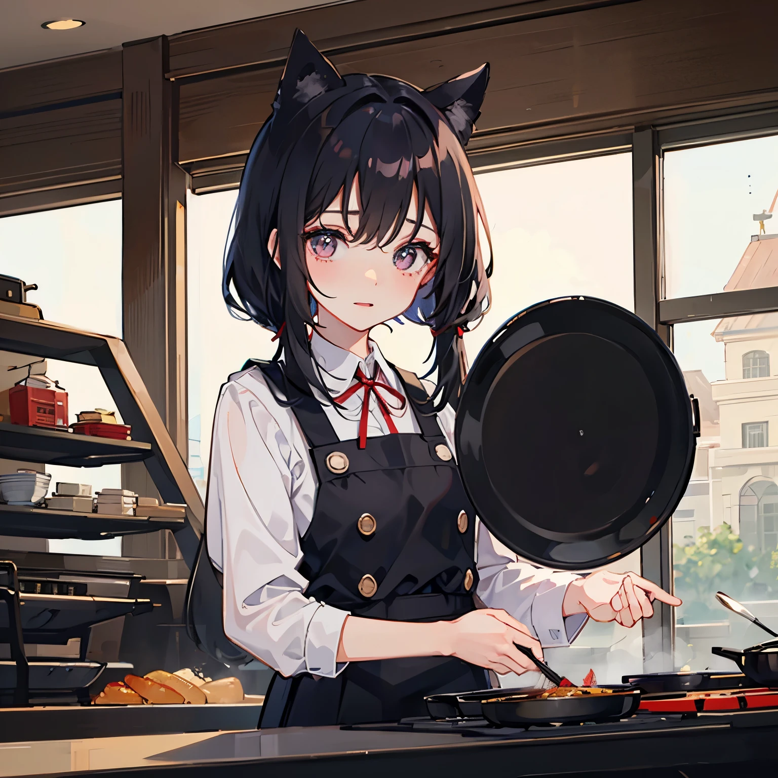 1人、girl with、Long black hair、Eyes are red、pinafore、Cooking、inside in room、unclear、kawaii