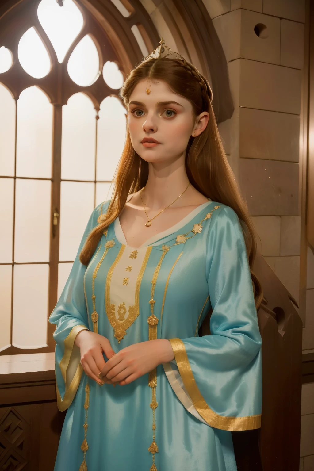 1136, Earlcastle, England. otherworldly scene in a luxurious medieval castle, ((((16-year-old)) Alexandra Daddario)), noble lady, ((proud and confident expression)), happy, ((((tunic gown from the 12th century)))), ((Hairstyle of the 12th century)), ((Wes Anderson cinematic style)), colorful