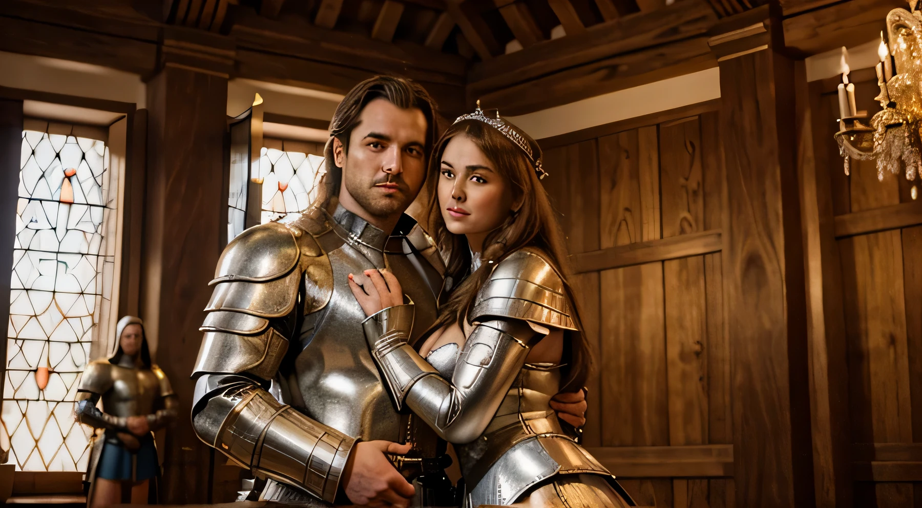casal de deuses, man and woman with circunstanciado defined face, goddess woman in circunstanciado princess outfit, Seios enormes, huge buttocks, homem com roupa de soldado medieval, hugging, looking at the camera, Castelo Gigante, sala das espadas, circunstanciado,