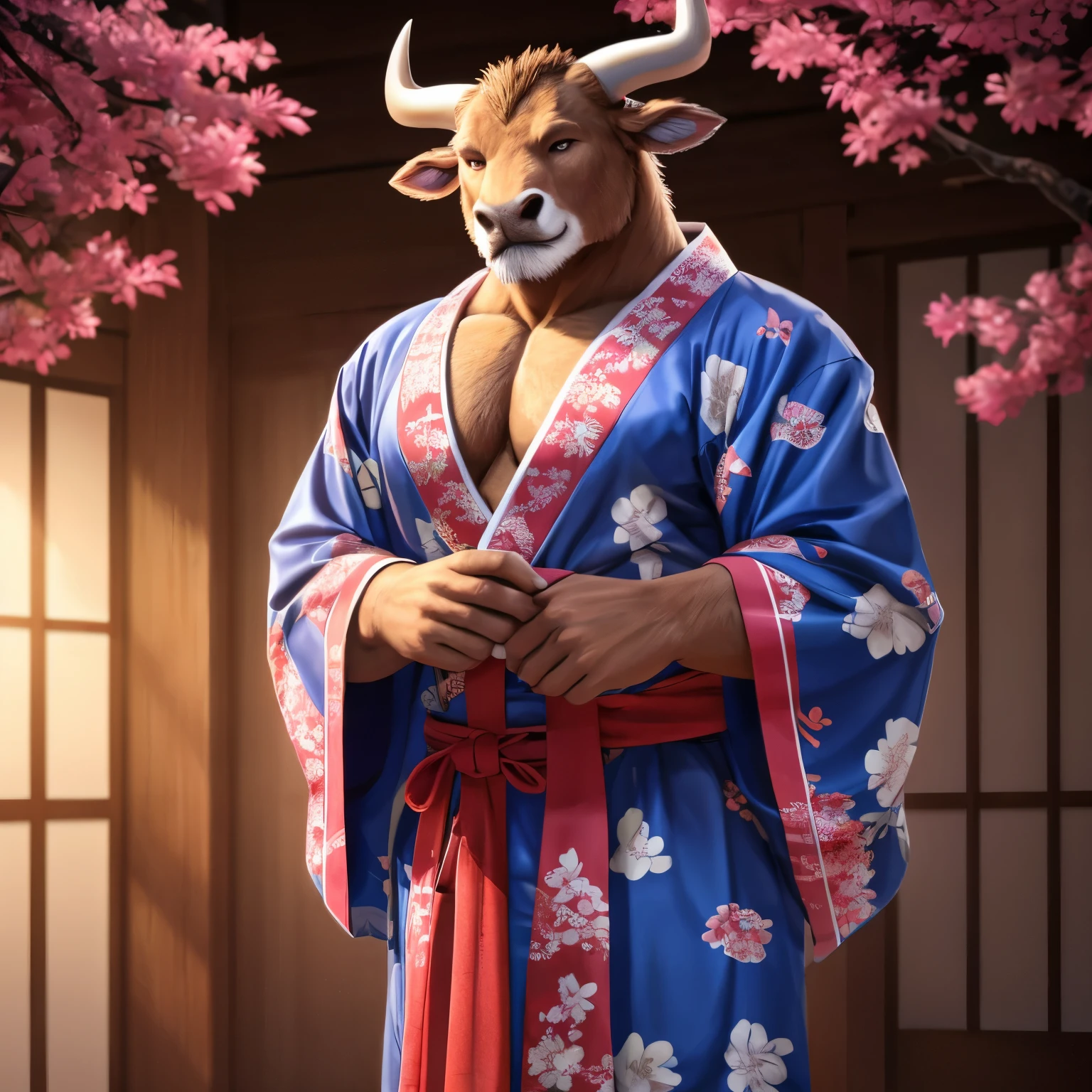 Male, (((solo))) character, bovid, male focus, 8k quality, ultra realistic, digital art, detailed portrait of a male anthro bovid wearing a closed Japanese yukata, (white yukata), (crimson obi), Highland Bull horns, two-tone fur, white and brown fur, cinematic lighting, stoic expression, cherry tree background, muscular, (((full body commission))), (((solo))), (((solo)))