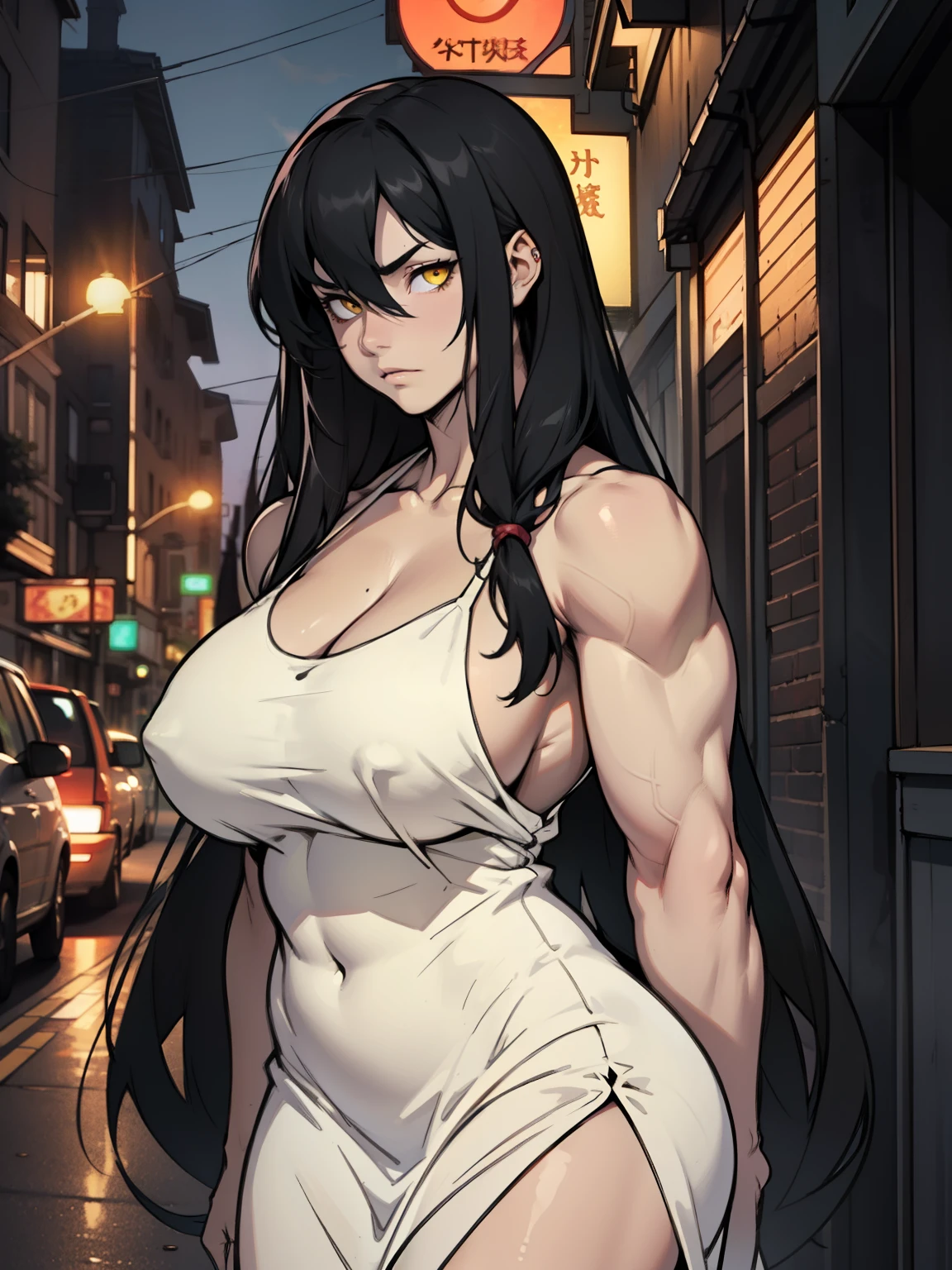 girl muscles huge breasts pale skin very long hair black hair yellow eyes sad expressionless solo night dress