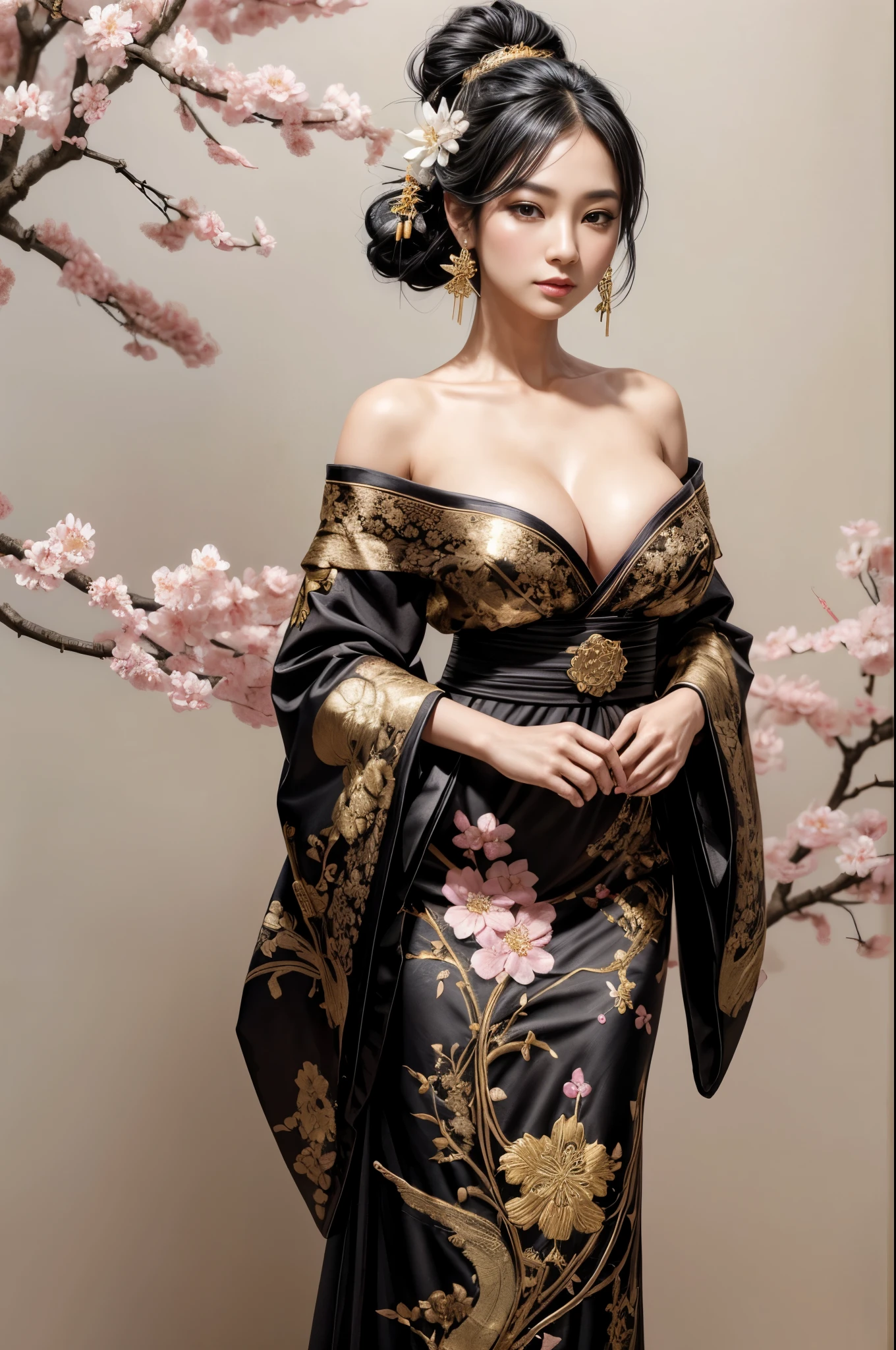 gorgeous oriental woman, black hair in an elaborate hairstyle, elegant embroidered kimono, sakura flower embroidery, gold details, full body shot, cleavage, bare shoulders, standing, large breasts, alchemist, strapless dress, vials
, potions, updo, blank background, white background, lulu, ffx