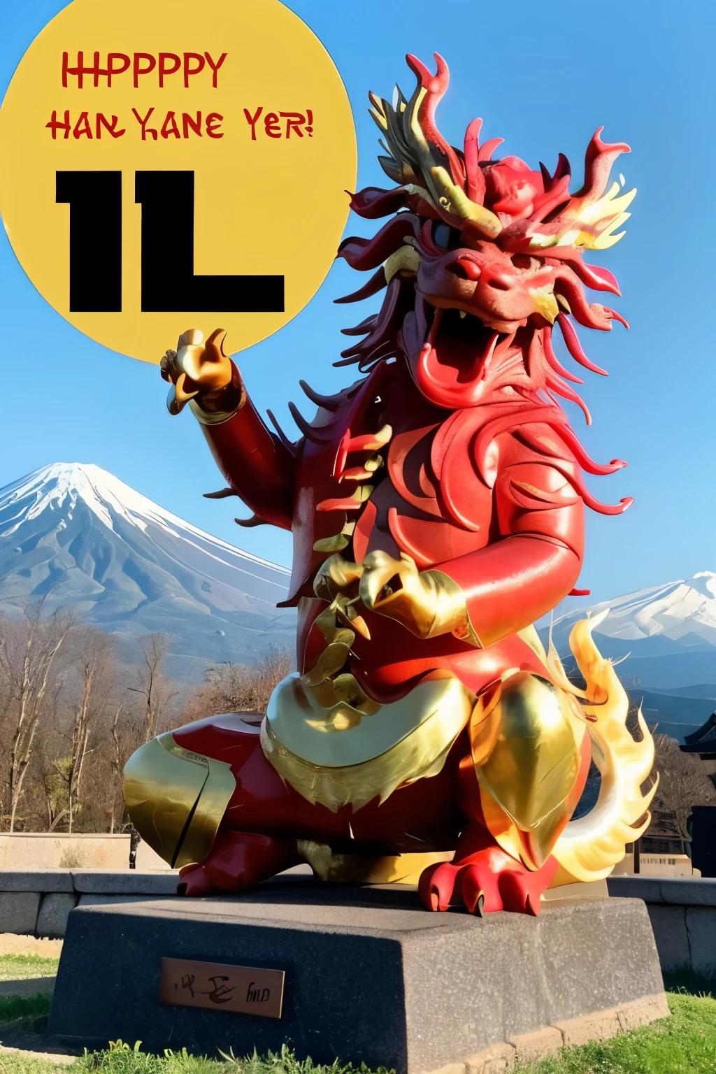 ((chinese dragon)), (bibronze statue)(big）(happy )(new year)

(fire)(mt.fuji)