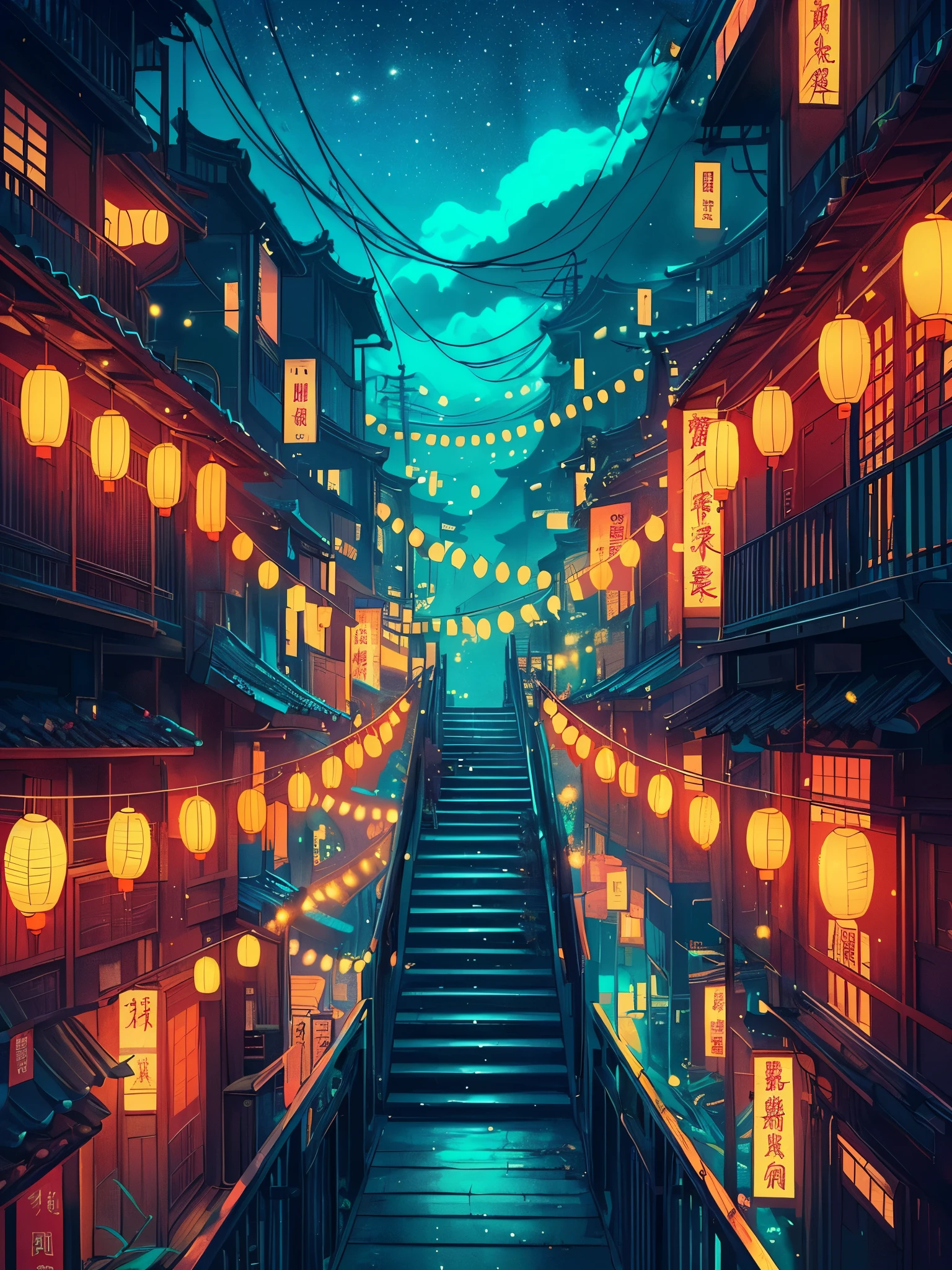 Draw an wide anime lofi scene of staircase and bridges alleys in an ancient Japapnese cyberpunk village, chinese festival glow color tones, dark night, lanterns, wide open starry sky, aesthetically beautiful, vibrant saturated colors, beautiful color palette, masterpiece, calm, peaceful, no human, cloudy sky