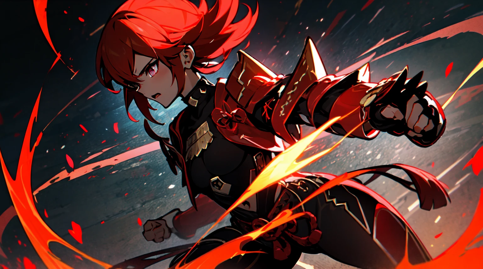 Ultra definition, masterpiece, best quality, 1Girl, Experienced fighter, crimson red short hair, yellow eyes, light brown skin, wearing jacket and light armor red and black metallic Like kuki shinobu outfit, combat stance, Black/red energy emanating from the fists , sharp ocular posture, waist line. The hair had to be crimson red.