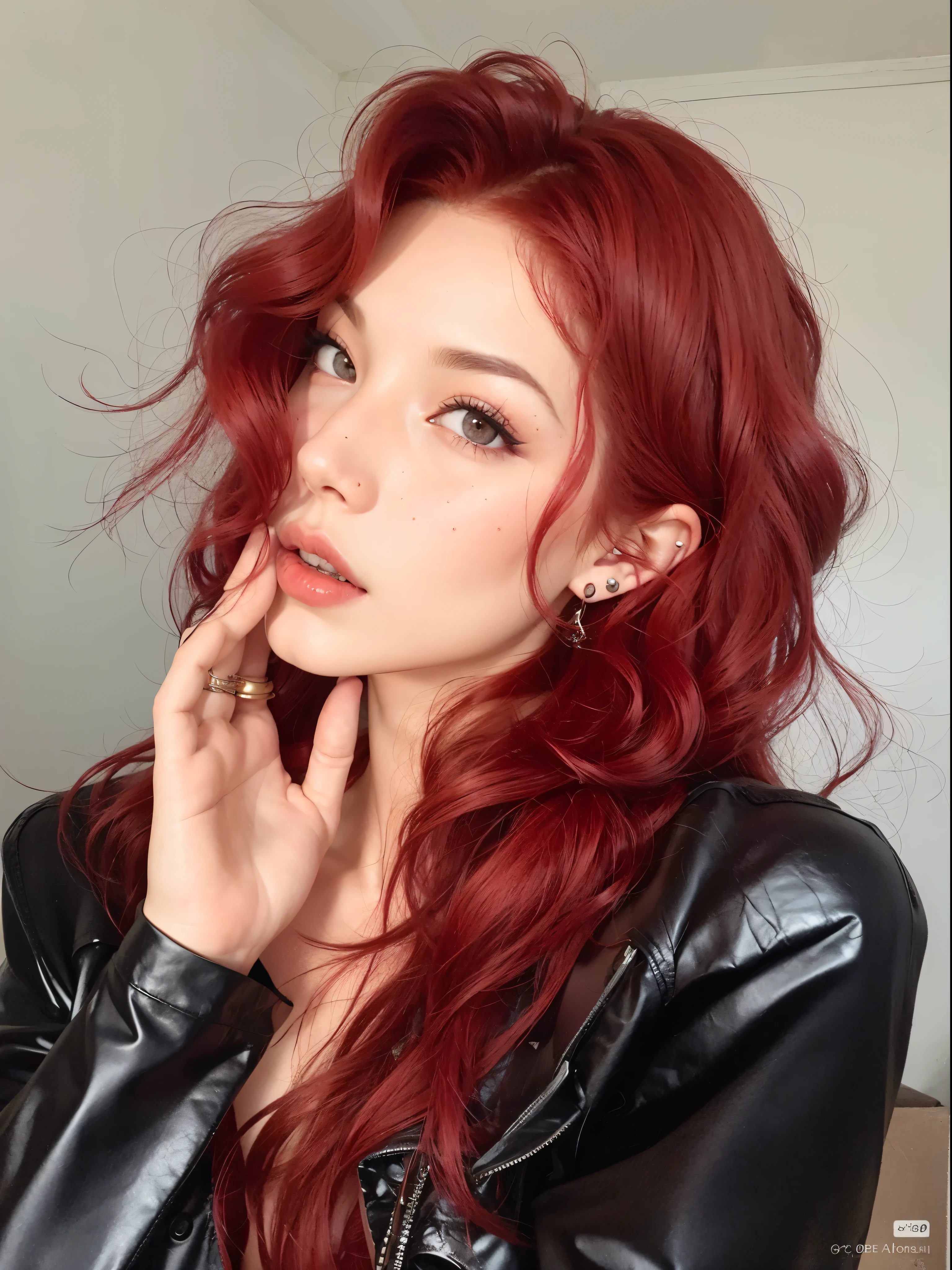a close up of a woman with red hair and piercings, with curly red hair, cabelos tingidos de vermelho, with long red hair, with red hair, cabelo carmesim, pale red, peruca vermelha, cabelos cacheados vermelhos, cabelo ruivo carmesim, red hair, crimson red hair and red eyes, wavy vibrant red hair, soft red hair, cabelos longos vermelhos, cabelos longos e ondulados vermelhos