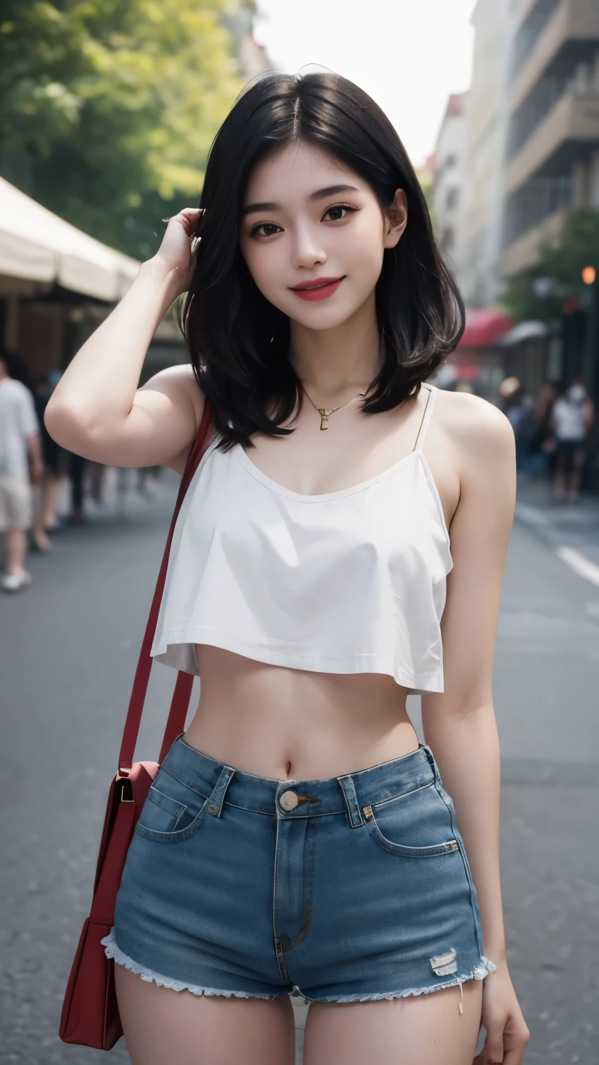 one japanese girl, (a beauty girl, delicate girl:1.3), (, gal:1.3), (denim shorts:1.2), very fine eye definition, (symmetrical black eyes:1.3), stare at the camera, A big smile, show teeth, (street view:1.2), small breasts, brown short hair, girl, (eyes and faces with detailed:1.5), (masterpiece, best quality, ultra detailed, detailed face, 8k), Swayback stance