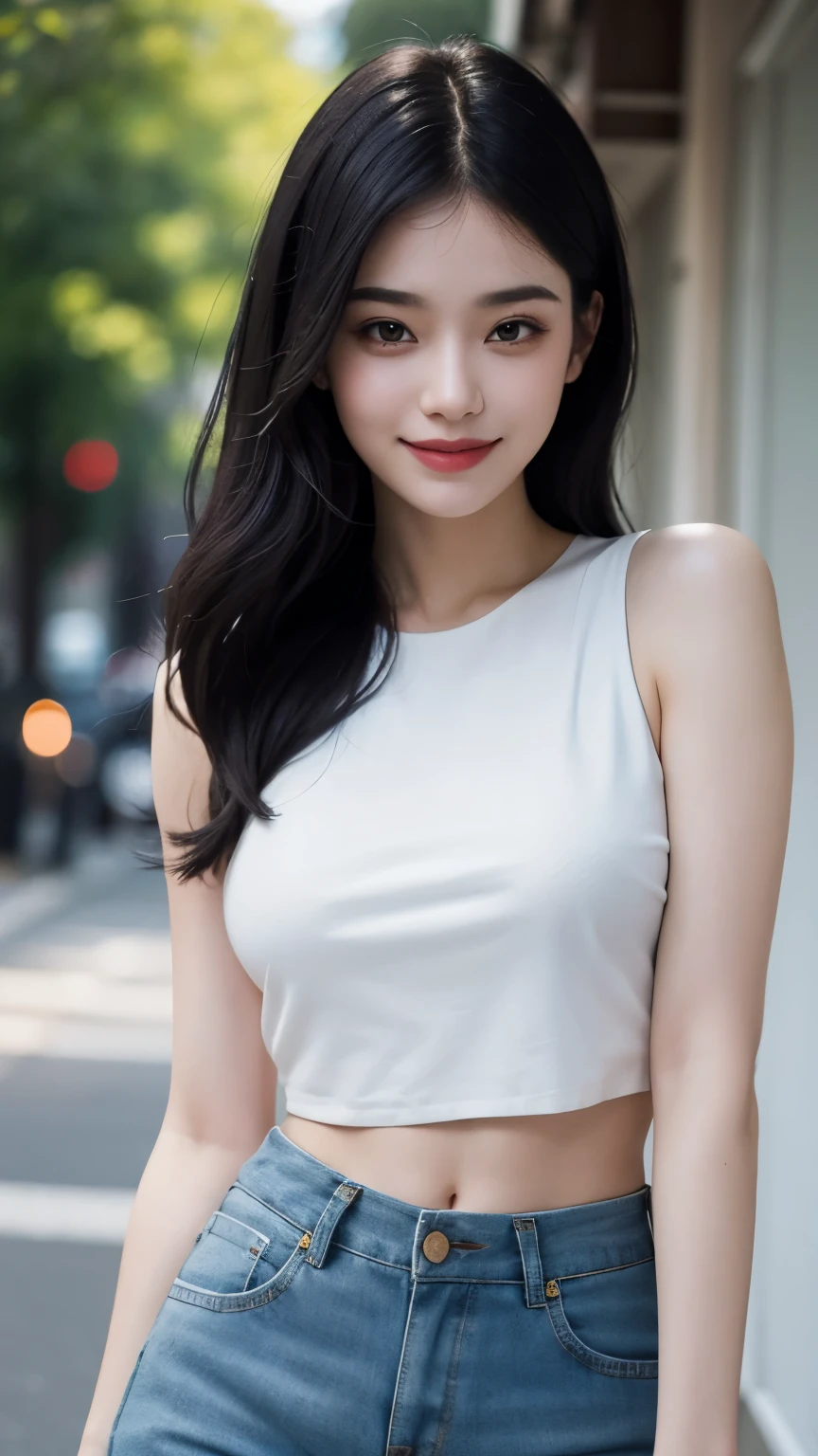 (best quality,masterpiece:1.2),ultra high res,photorealistic,beautiful woman,shorts,crop-top,black hair,almond eyes,smile,pale skin,bokeh
