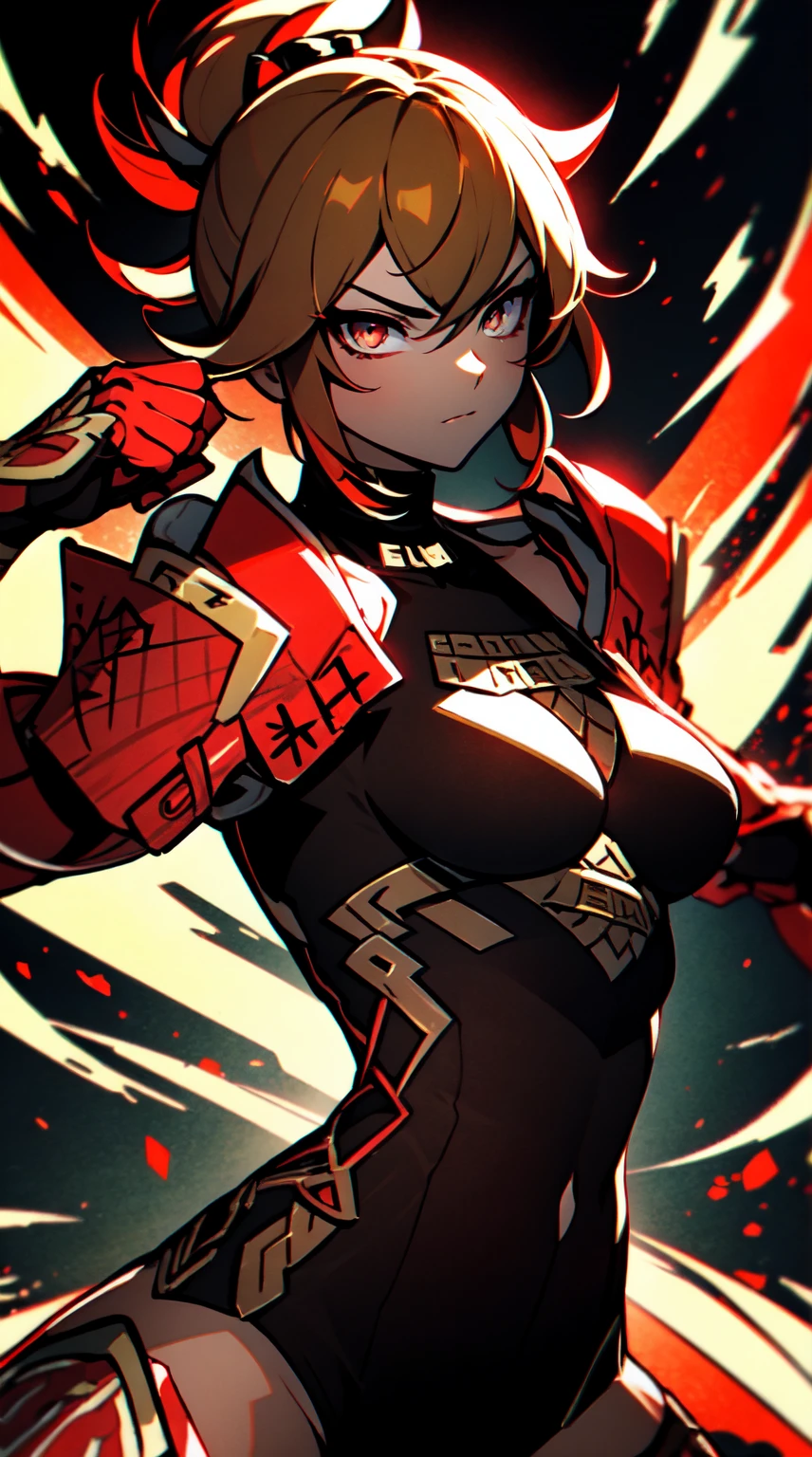 Ultra definition, masterpiece, best quality, 1Girl, Experienced fighter, crimson red short hair, yellow eyes, light brown skin, wearing jacket and light armor red and black metallic Like kuki shinobu outfit, combat stance, Black/red energy emanating from the fists , sharp ocular posture, waist line. The hair had to be crimson red.