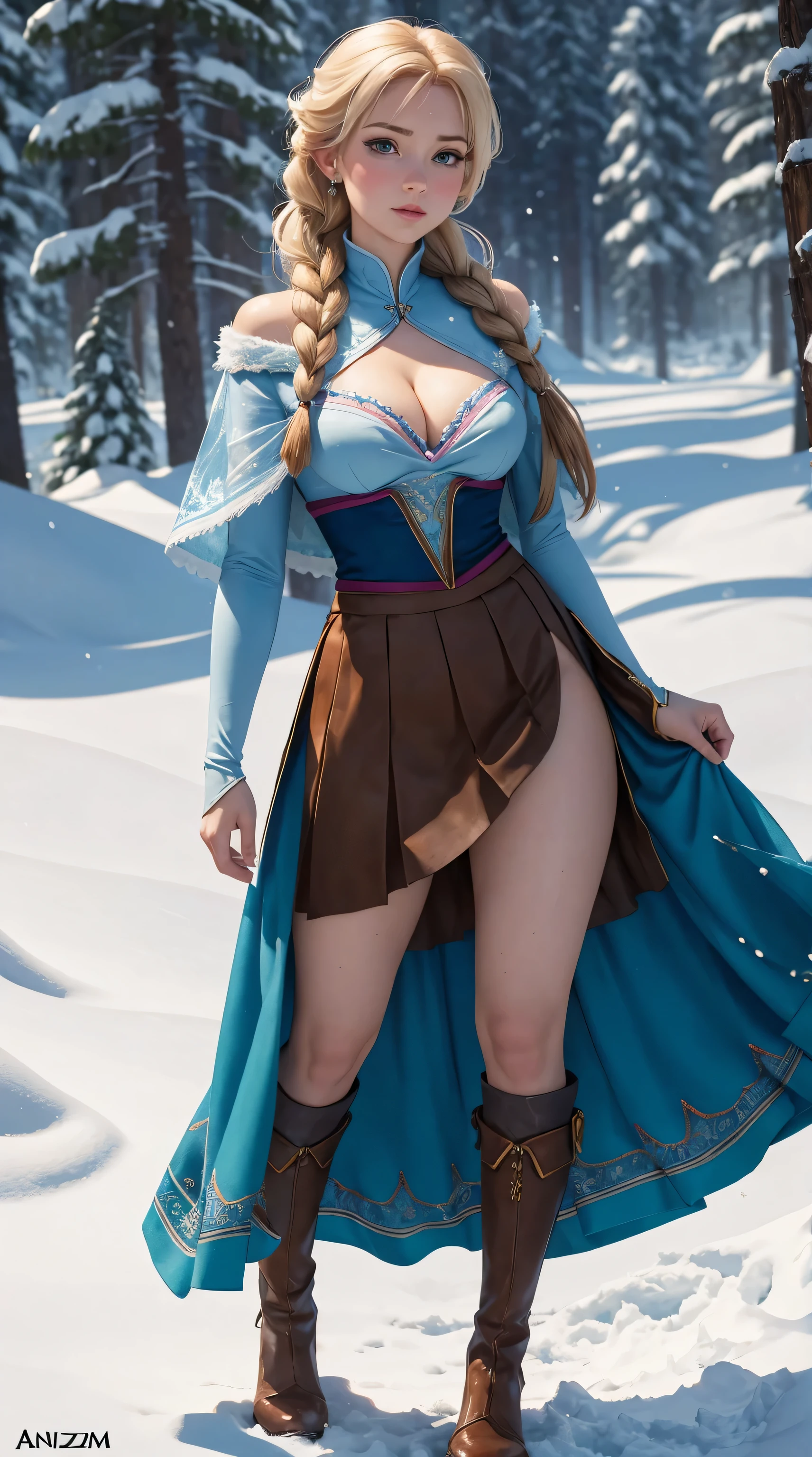 Anna character from Frozen movie, woman, ((Masterpiece, best quality)), full body view, sexy, bursting huge breasts, detailed skin, Anna from Frozen clothes, highly detailed, cinematic lighting, ultra realistic, blush, looking at viewer, anna, anna from frozen, princess, disney, brown hair, long hair, portrait, outdoor, snow, cleavage, large breasts, very tall and sexy, full body view, tall, skirt, miniskirt, microskirt, pleated skirt, thighs