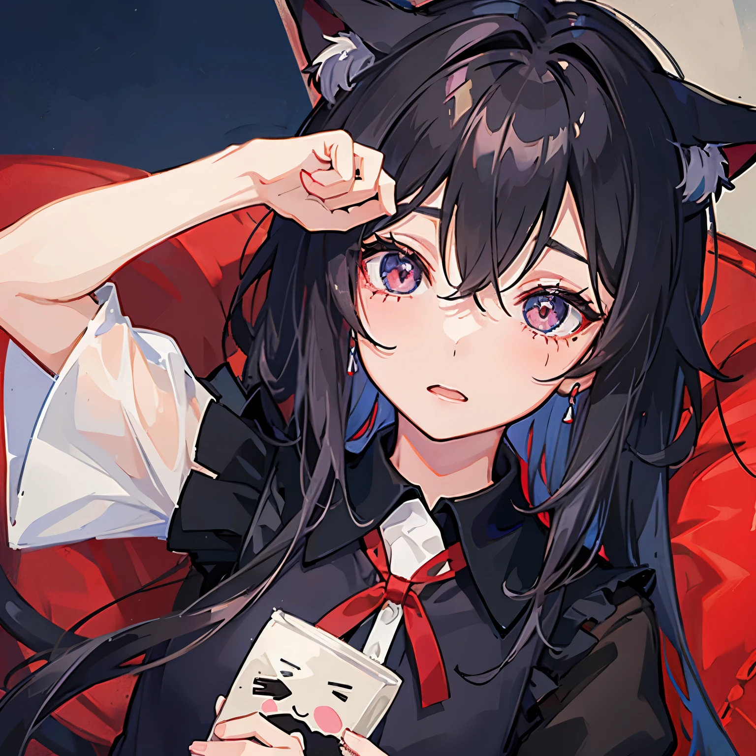 1人、girl with、Long black hair、eyes are red、cat ear、pinafore、、Breakfast、unclear、kawaii