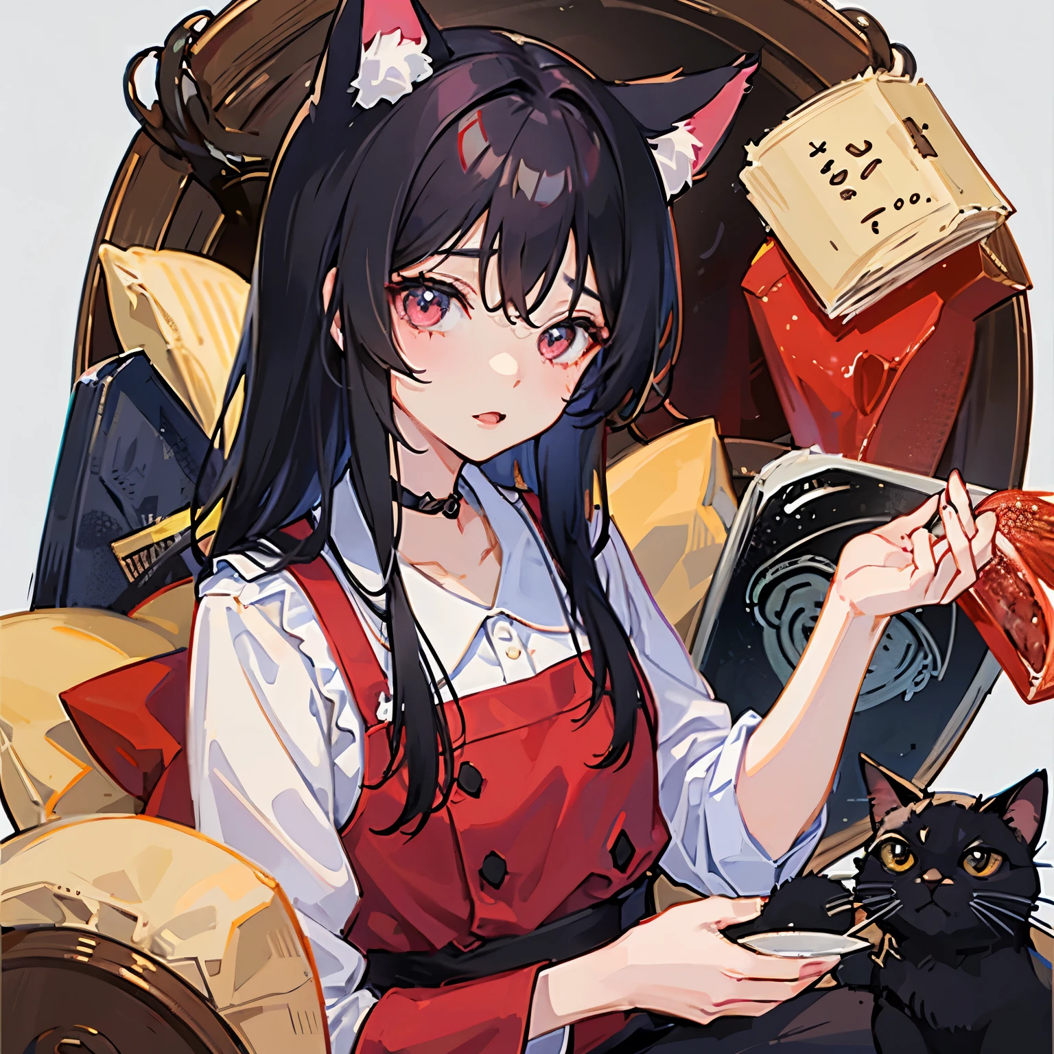 1人、girl with、Long black hair、eyes are red、cat ear、pinafore、、Breakfast、unclear、kawaii