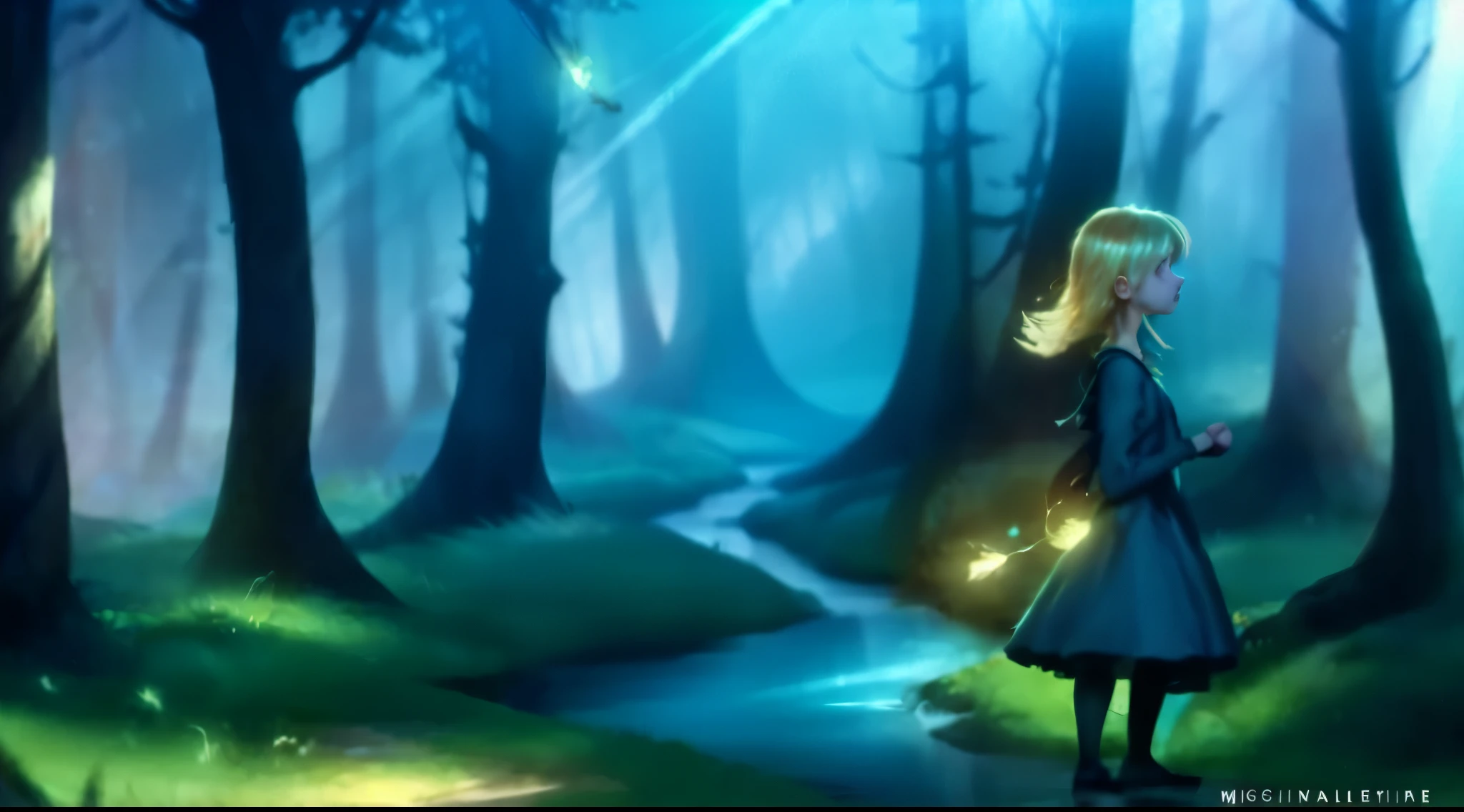 a girl in a blue dress standing in a forest with a stream, concept art magical highlight, glowing lights! digital painting, background artwork, glowing lens flare wraith girl, girl walking in dark forest, luminescent concept art, magical forest with fireflies, magical concept art, in a magical forest, keyframe, keyframe illustration, animation film still Scared and running fast