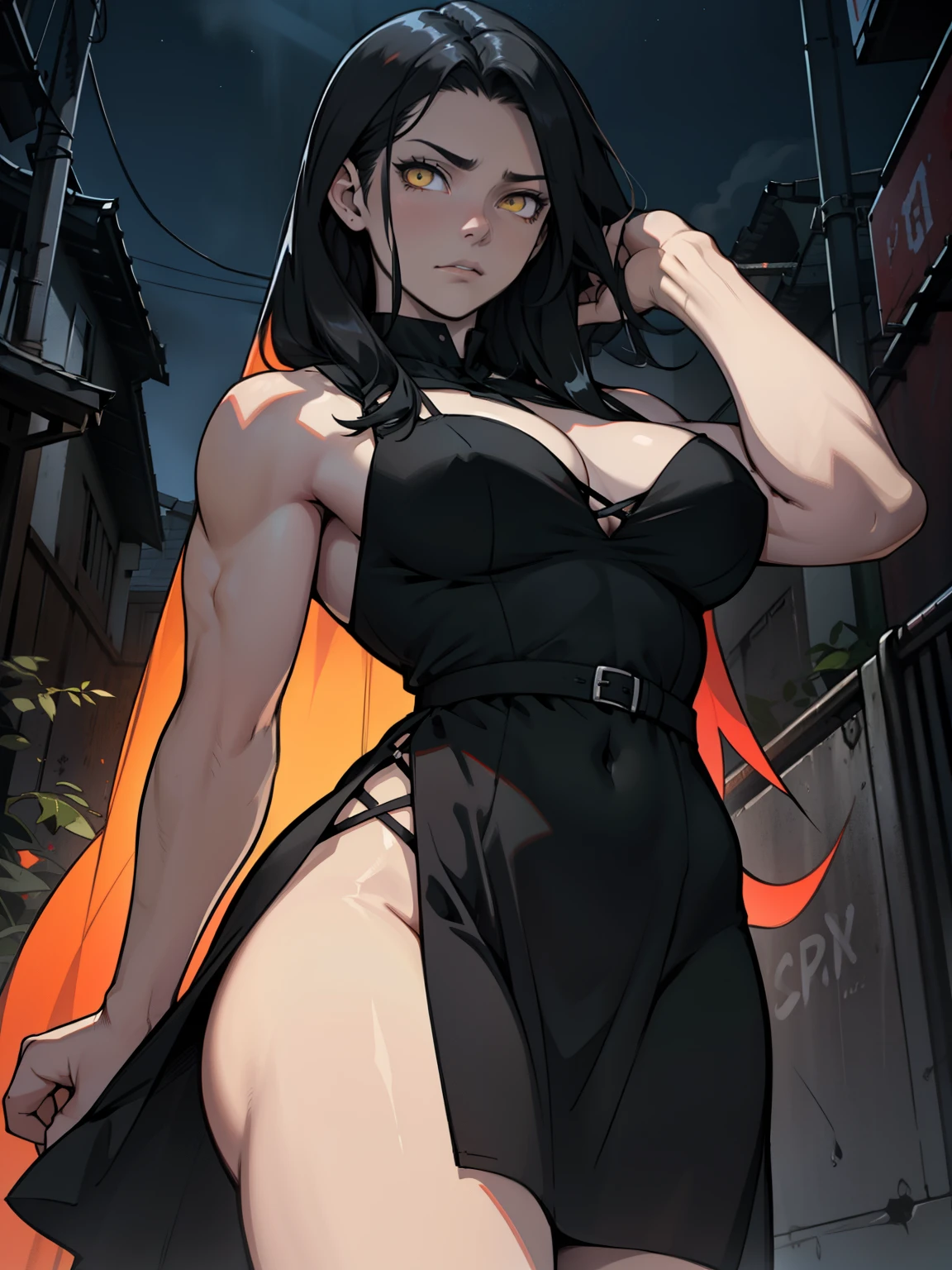 ((girl muscles large breasts)) pale skin very long hair black hair yellow eyes sad expressionless solo black night dress black night dress large breasts fire