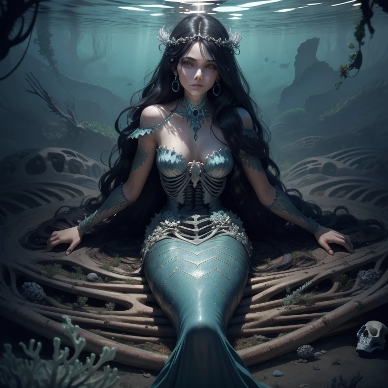 {-erro_de_anatomia:1.0} woman 30 years old, underwater, skeleton, corpse,Under the sea, where coral tendrils and vines abound, a woman (mermaid), long black hair (black hair) looks at you amidst a pile of bones and skulls.Indifferent look , merciless. Lying among the skulls. With his face resting on his own shoulder, backwards, looking back.