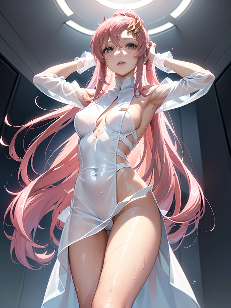(((masterpiece))), perfect lighting, official art, Lacus Clyne, 1girl, pink long hair, hair ornament, slender body, A glossy look, blush, (((sexy white dress, wet and transparent, not wearing underwear))), (((open her legs, provocative pose))), focus on people, Photographed up close,