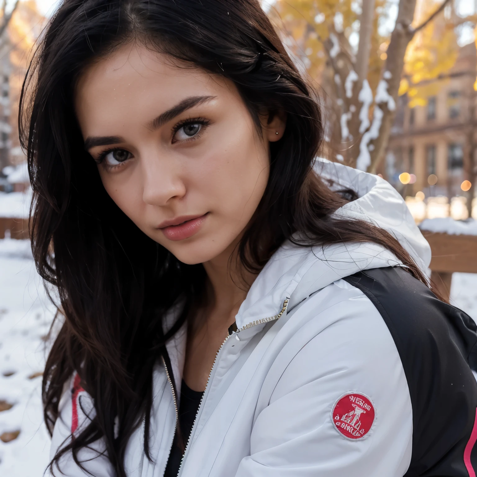 frontal photograph 24 year old australian girl, long jet black hair, 4k quality, human realistic quality, Eye for extreme detail, masterpiece, in Aspen Colorado with modest winter clothing, pink leggins, white heavy bomber jacket, no nudity, daylight, a beautiful woman, posing for a picture, red lips, close up shot of her face and cleavage, nice developed hands, nice legs, black hair, dark Eyes, big medium nice ass, full body view, 4k camera