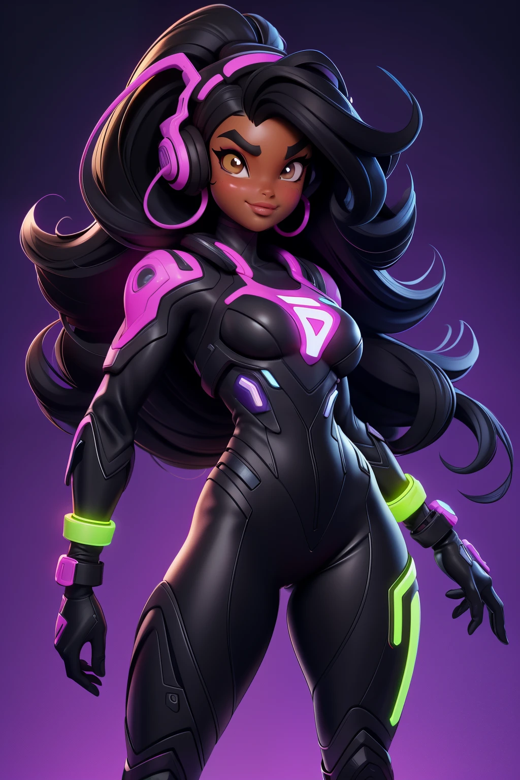 Create a half body shot black girl (((Brooke Shields))) with long black hair and brown eyes, smilling, thick eyebrows, hacker, dark skin, wide hips, thick thighs, night time, good quality, perfect anatomy, 8k, masterpiece, by (Holaxes), long hair, gadgets, neon, headphones, cyberpunk, neon purple, neon yellow, cyberwave, best Character Design, 2077, (pixar)