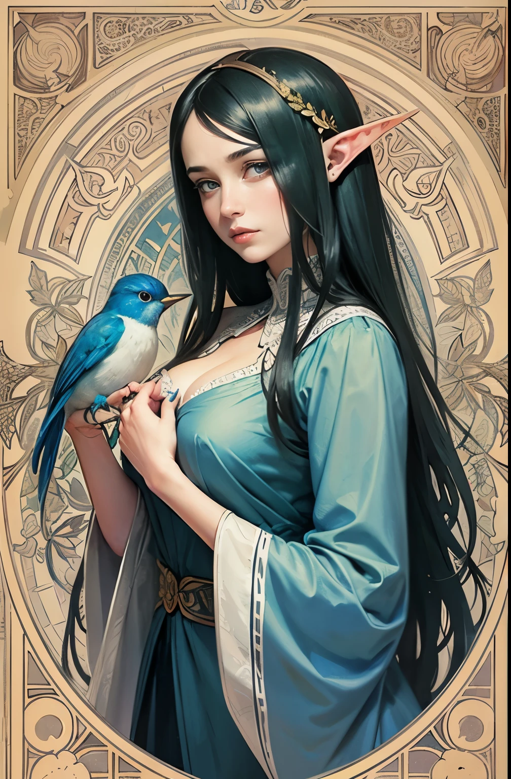 ((masterpiece)), (best quality), (cinematic),An Ukiyo-e artwork,1girl, A mature sexy goddess with large breasts, big eyes, long thick eyelashes, pale skin, full lips, green eyes, long thick hair, surrounded by various mysterious fairies. The goddess is dressed sexy in a dress. There are two white fairies with large eyes and pointed ears around the goddess. A blue bird with long tail feathers sits on the shoulder of the goddess . Two dark shadowy figures with cut-out eye holes seem to be looming behind the goddess. A bare tree branch extends from behind the figure, its leaves appearing to be falling or wilting. The entire scene is adorned by a beautifully decorated oval frame, featuring intricate designs and patterns in the style of Ukiyo-e. Ukiyo-e painting style