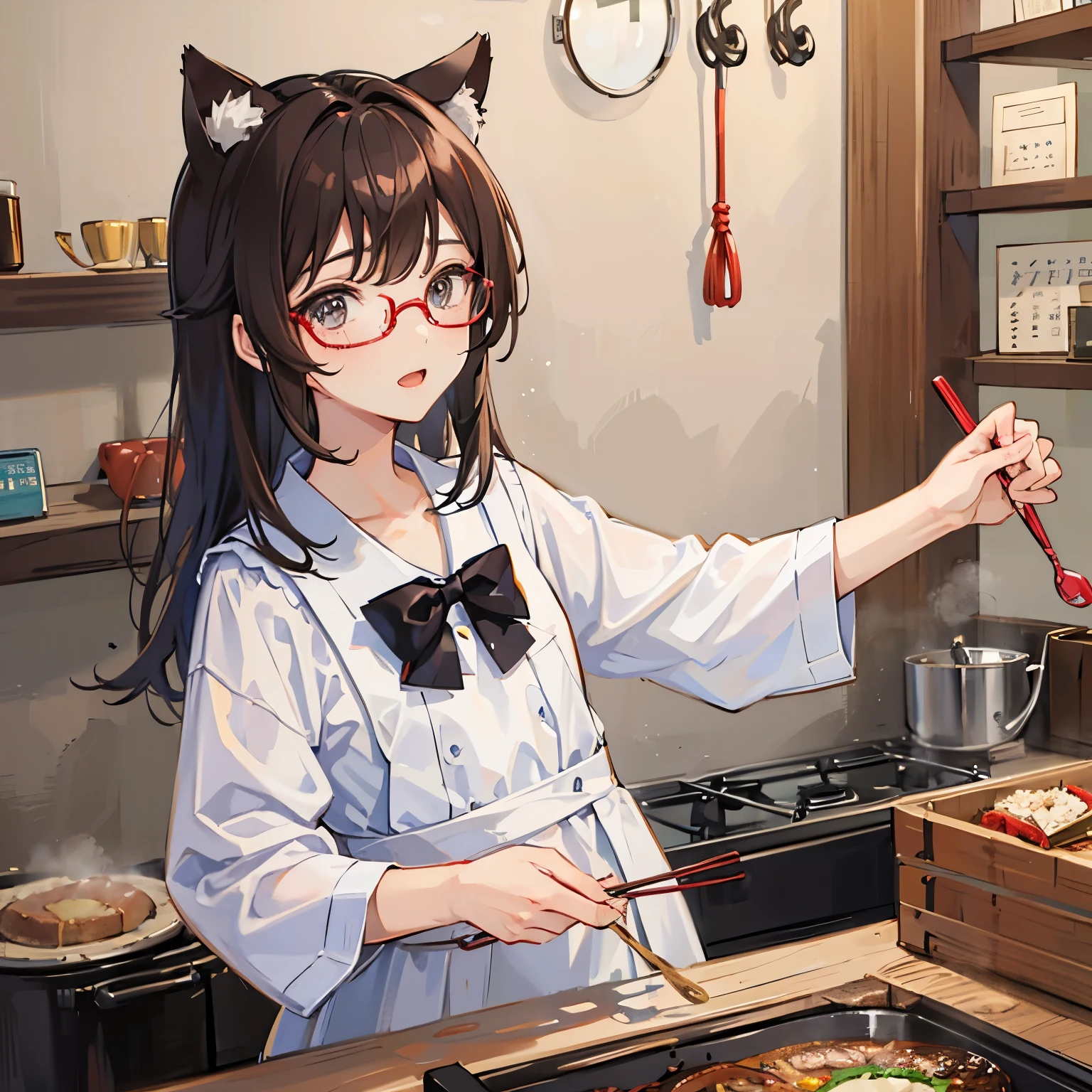 1人、girl with、eye glasses、Brown hair long、eyes are red、pinafore、cooking a、cat ear、unclear、kawaii