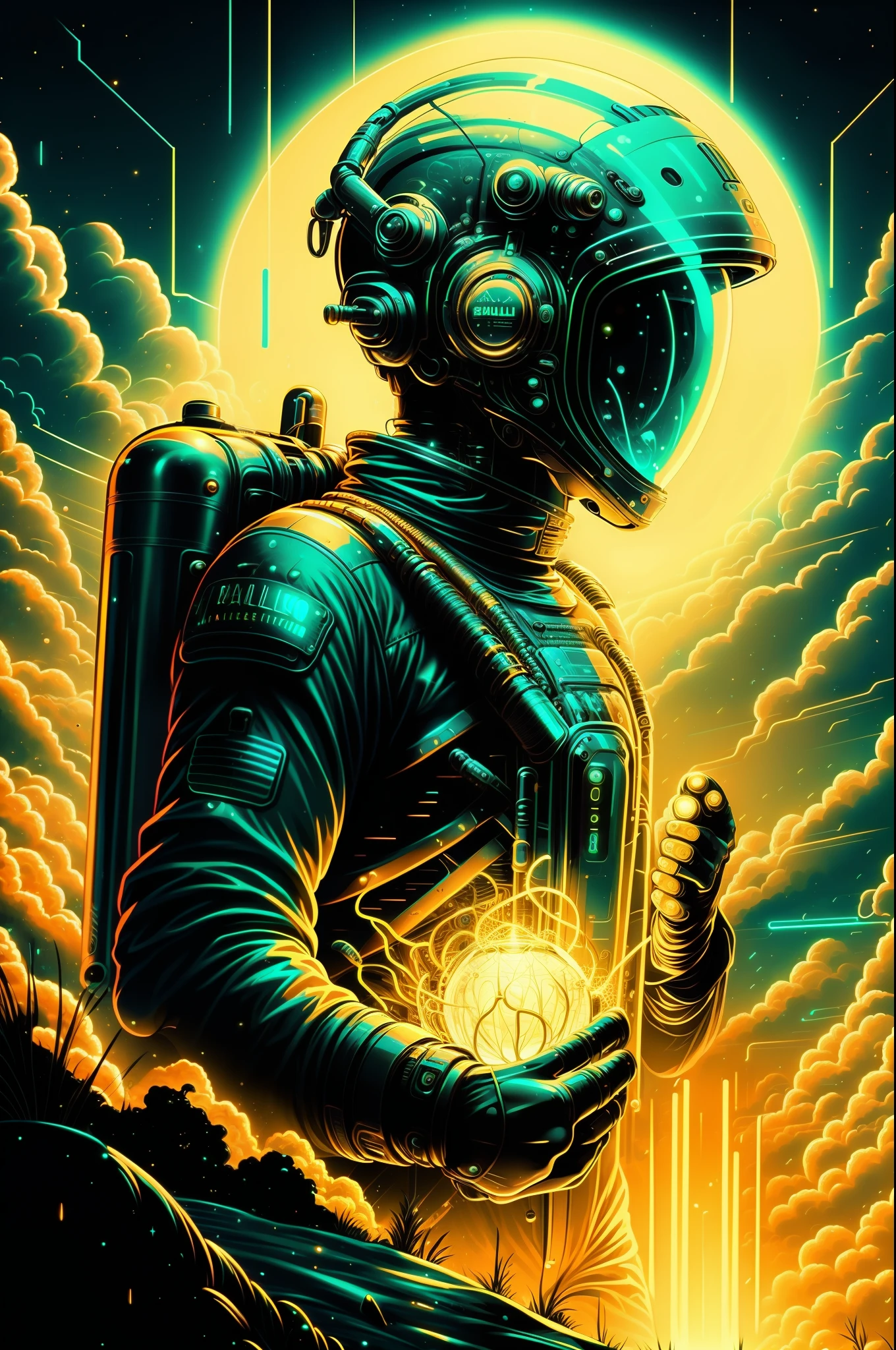 a close up of a person in a space suit holding a glowing ball, greg beeple, beeple!!, beeple art, by Beeple, beeple artwork, beeple masterpiece, sci-fi digital art, style hybrid mix of beeple, by Mike "Beeple" Winkelmann, sci fi art