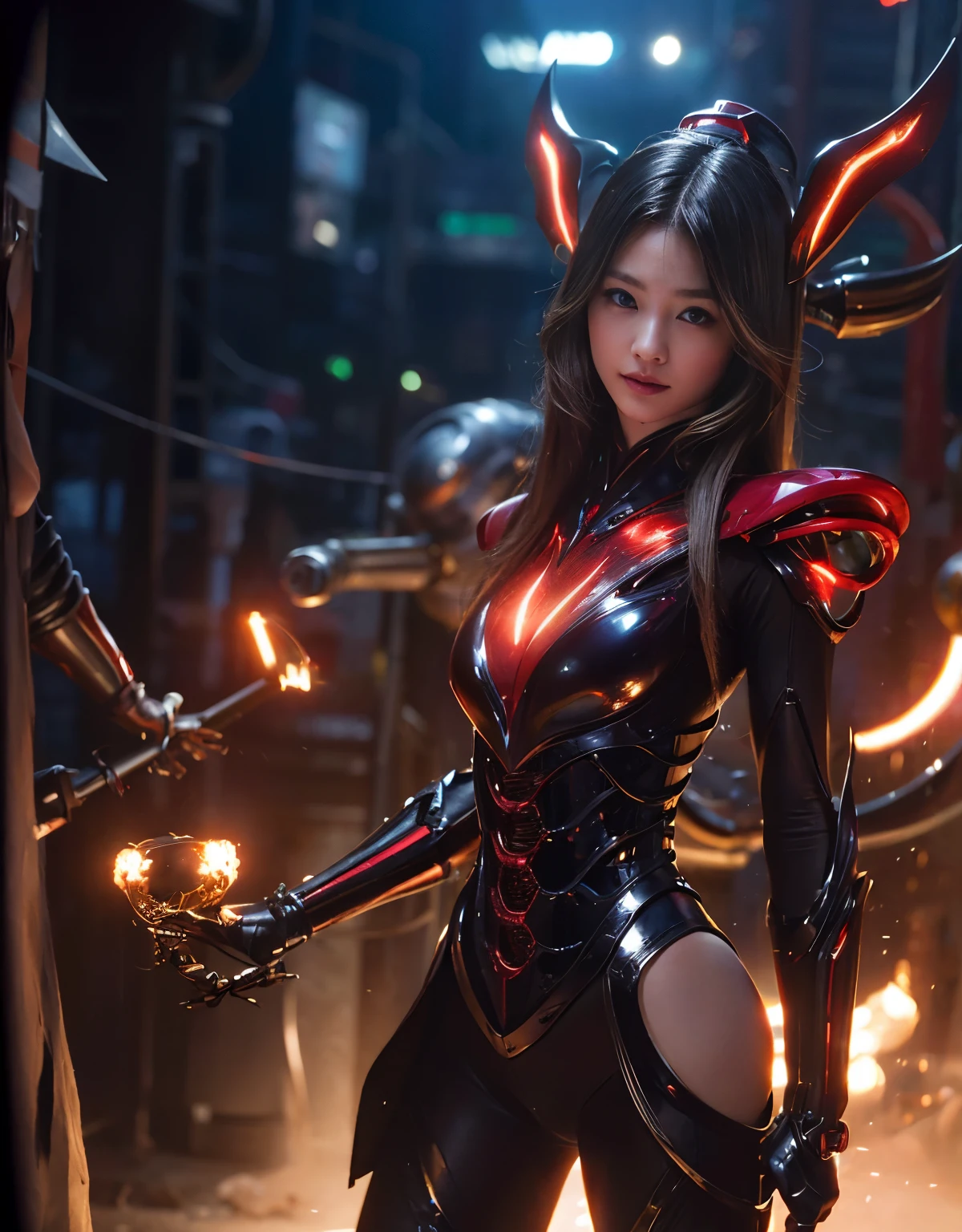 (Skimpy mechanical girl and alien background)、(Mystical expression)、top-quality、masterpiece、超A high resolution、(Photorealsitic:1.4)、Raw photo、1人、glowy skin、(((1 Mechanical Girl)))、(red metalボディスーツ)、(Natural alien background to fight aliens)、(Small LED)、((super realistic details))、vertical giant monster background),globalillumination、Shadow、octan render、8K、ultrasharp、机器人の背景、Colossal tits、Raw skin exposed in the cleavage、red metal、Details of complex ornaments、Japan details、highly intricate detail、Realistic light、(Mystical expression),CG Society Trenlow Eyes、Eyes shining towards the camera、Mechanical marginal blood vessels connected to neon detail tubes)、(Wires and cables connecting to the head)、Small LED、,Mechanical thighs、Toostock、(Hands are also made of machines)、机器人、future alien、Please wear a mechanical helmet、